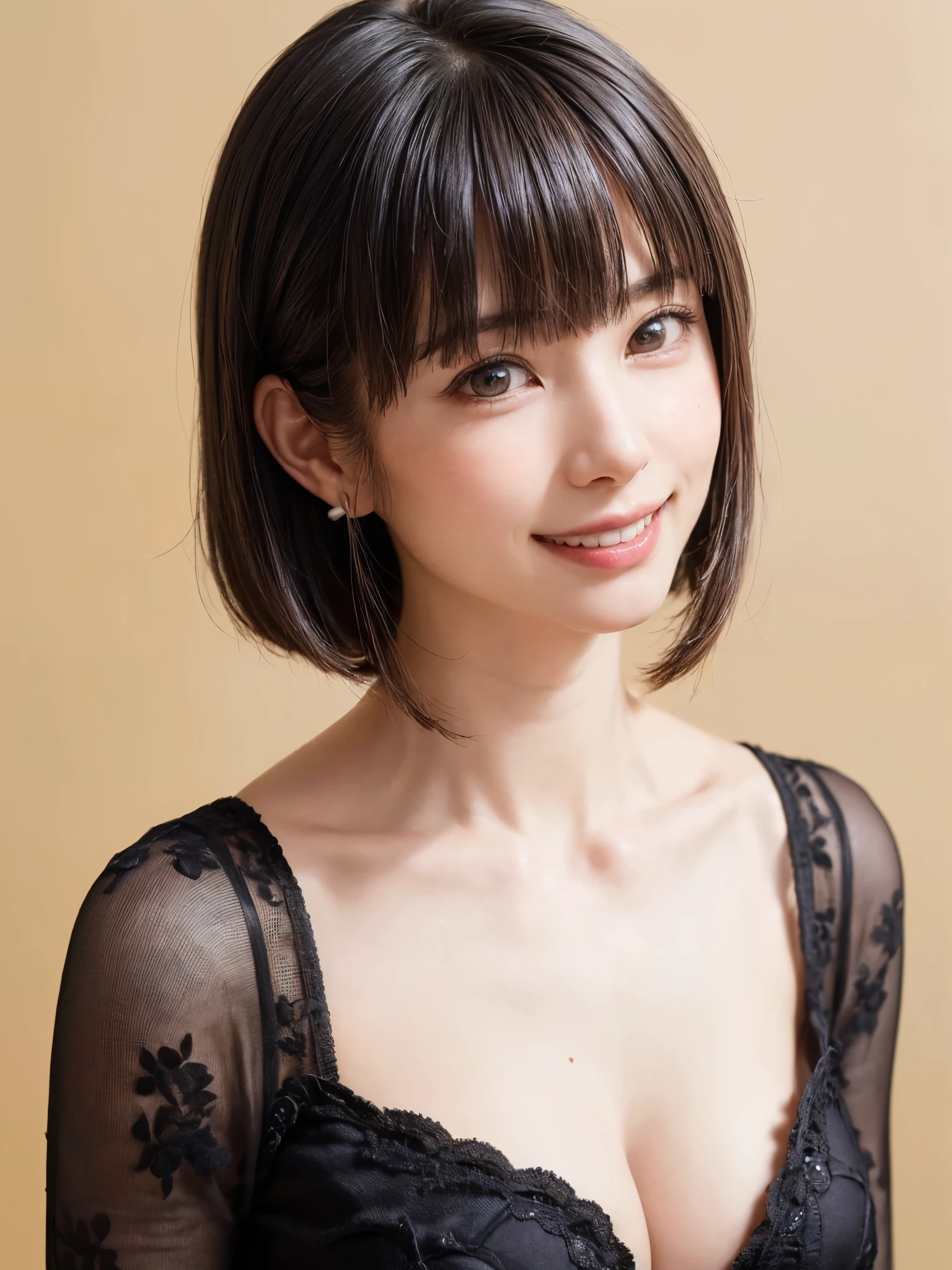 (table top, highest quality、ultra high resolution、face focus focus、focus on the sides、navel focus、decolletage focus、very attractive beauty、Adds intense highlights to the eyes、look closely at the camera:1.4、Absolutely beautiful bangs:1.4、Brunette short bob hair with bangs:1.4),1 girl, Report, black haired, realistic, looking at the viewer, pale black eyes, short hair, lips, lip gloss, Upper body、Big eyes、eyelash)、((italian natural background、hyper real stick:1.hort hair with bangs:1.4、Beautiful bangs with 46 points:1.4、{Huge|big|Hugeな|mega} chest:2, cleavageyes、Give your students very powerful highlights、very bigger chest、look at the audience、very beautiful beauty、show me your ears、beautiful long neck、beautiful decollete、smile、A smilee　beautiful teeth、Open your mouth and smilee))、28 years old、very cute super model、perfect anatomy