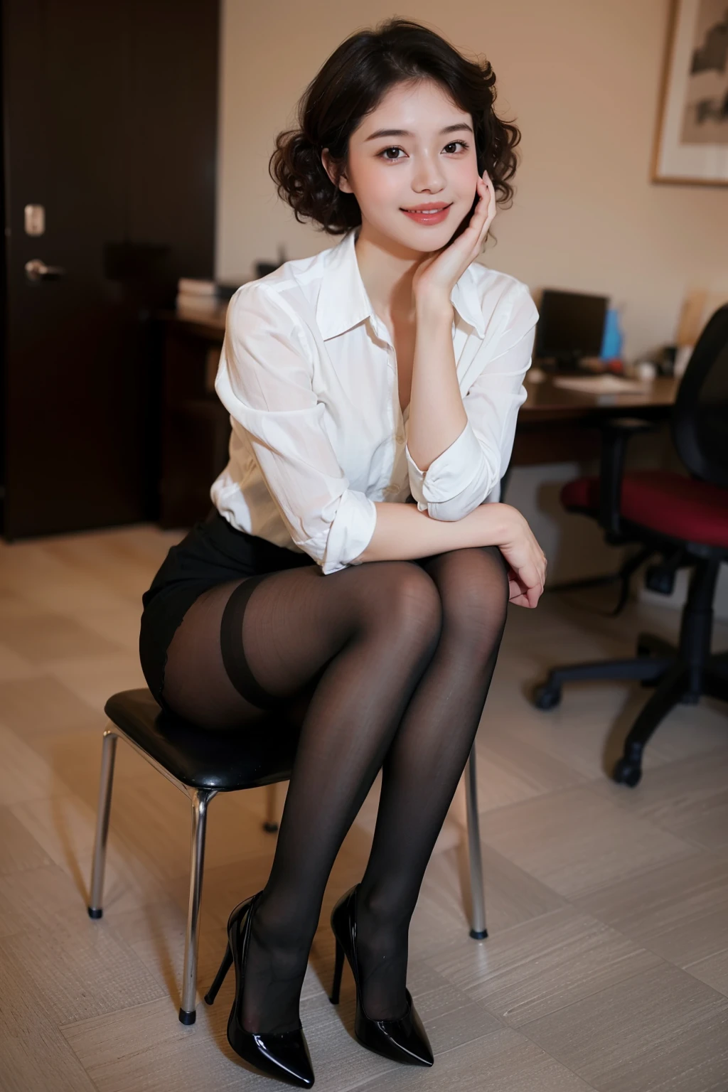 （anatomically correct:1.5)，(best quality:1.5),  (delicate face:1.5), (pretty face:1.5), full-body shot，natural lighting，slim figure，office女士，Collared white shirt，black skirt，(High heel:1.3)，(curls:1.2)，(black_pantyhose:1.2)，Lovely，Smile，blush，sit on the table，office