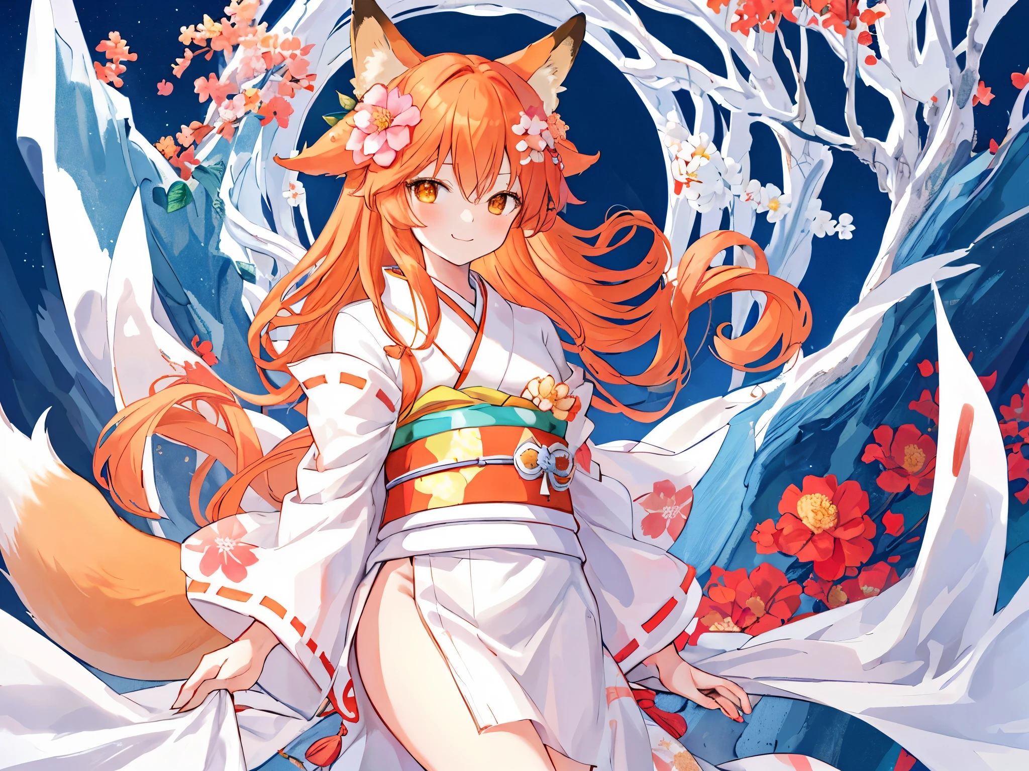 masterpiece, highest quality, very detailed, 1 girl, alone, (:3:0.9), animal earsの綿毛, animal ears, orange hair, fluffy hair, blush, brown eyes, flower, fox ears, fox girl, Slope, Slope background, hair flower, hair ornaments, kimono, kimono, looking at the viewer, Miko, smile, alone, white kimono, beautiful lighting