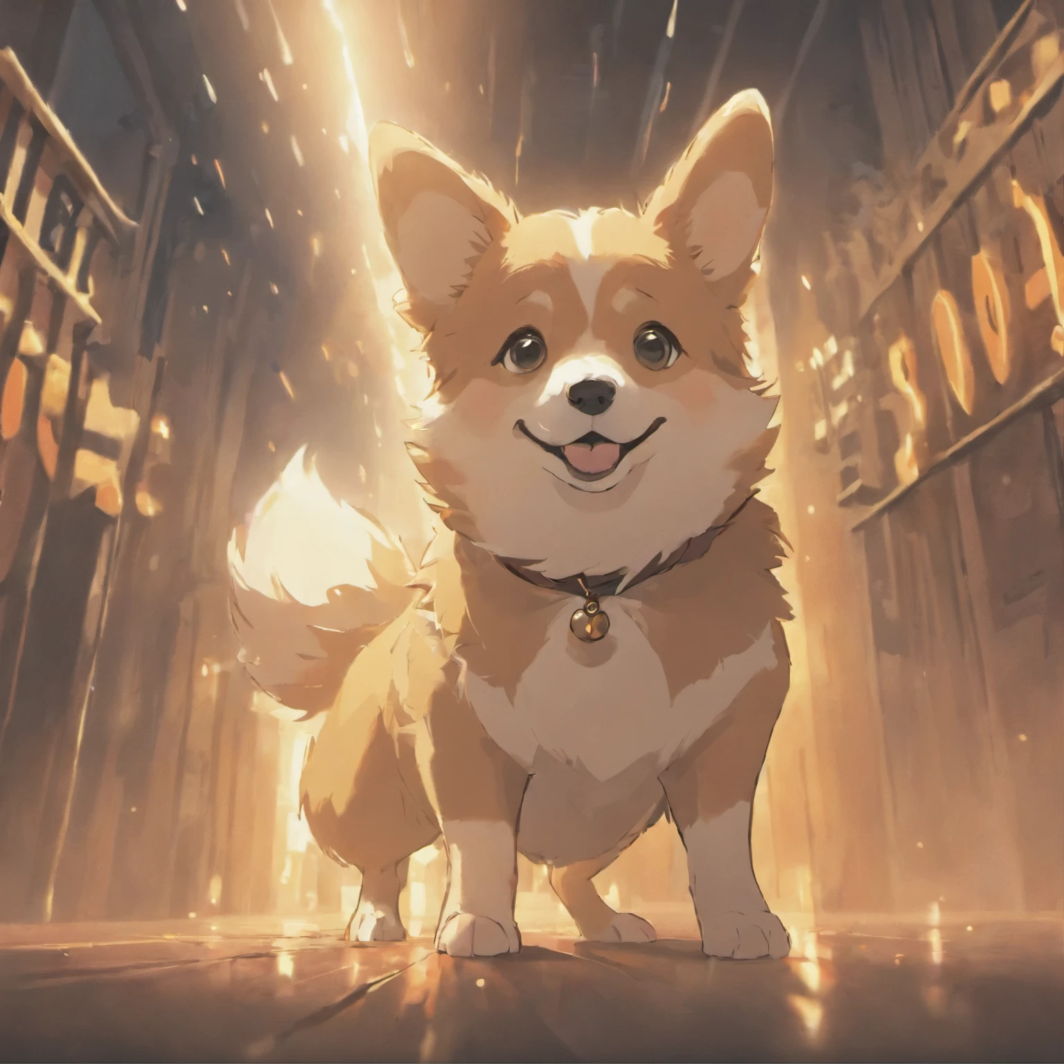 Corgi Chinese illustration movie lighting effect,sit and look at the camera