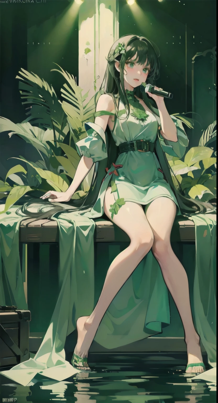 8k, girl, 8K, detailed face, detailed eyes, Nasty face, glowing woman, green, fullbody pose, singer, hand microphone, swimsuit, long hair,