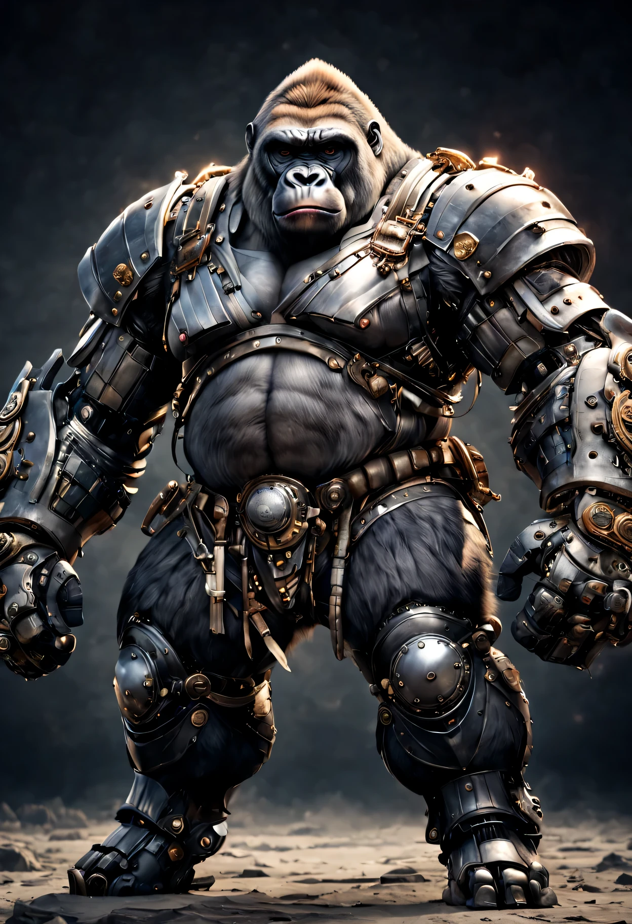 photorealistic portrait of Dressed animals - a ((fat)) gorilla warrior,(brave pose), high quality,(lovely) ,intricate detailed giant mechanical arms, highly detailed ((mechanical armor) ,,highly detailed decorations, , (brave), studio lighting,(full body image from head to toe:1.5)
