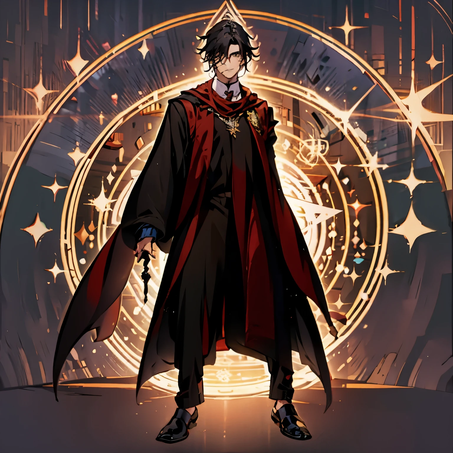 British Man, shoulder length black hair, middle part, smirk, handsome, potions bottles, witches cauldron, snake, arrogant, standing, black button up shirt, black dress pants, black cape, white under shirt, mixing potio s, severus snape, hogwarts, professor, teacher, man casting magic, necromancer, dark magic, full body