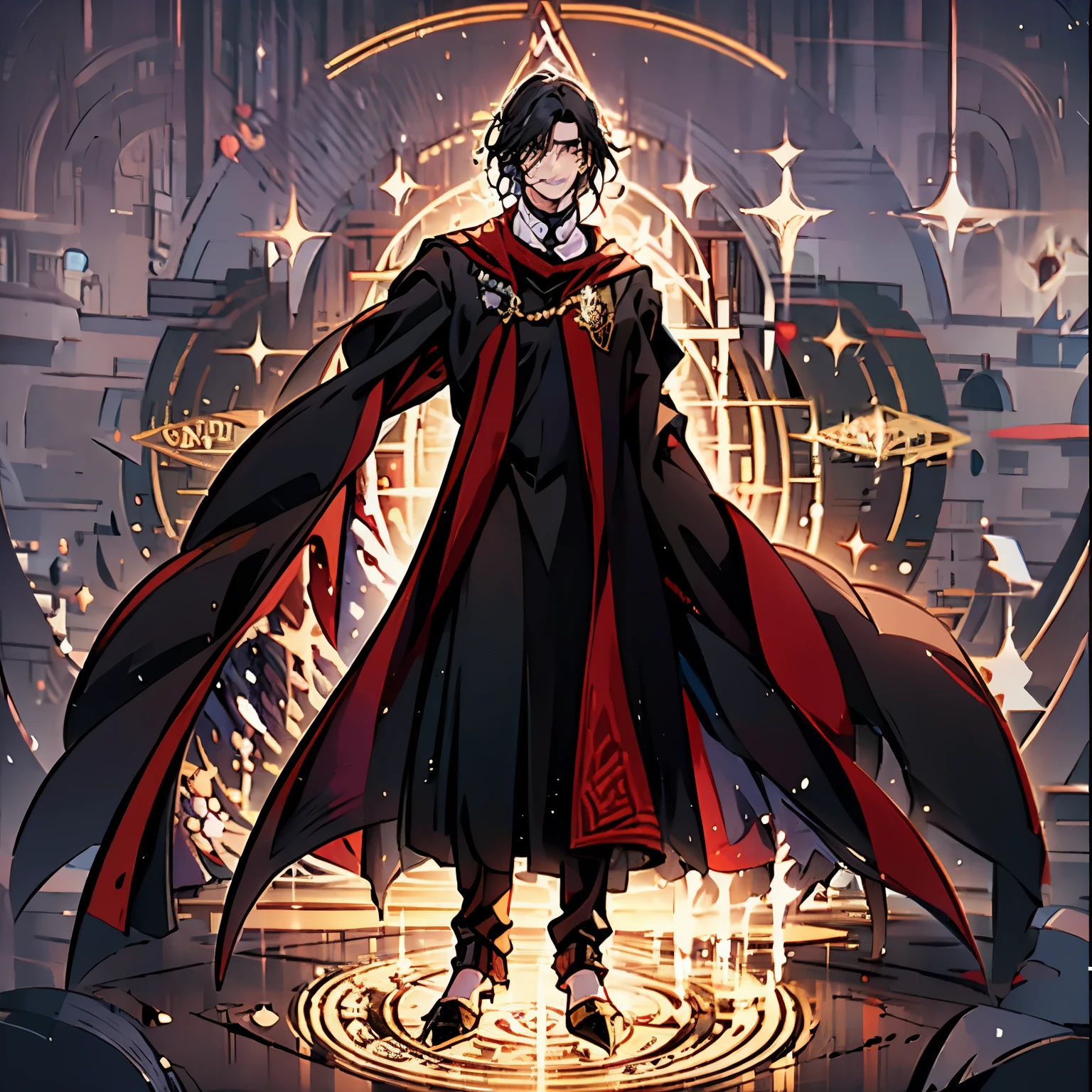 British Man, shoulder length black hair, middle part, smirk, handsome, potions bottles, witches cauldron, snake, arrogant, standing, black button up shirt, black dress pants, black cape, white under shirt, mixing potio s, severus snape, hogwarts, professor, teacher, man casting magic, necromancer, dark magic, full body