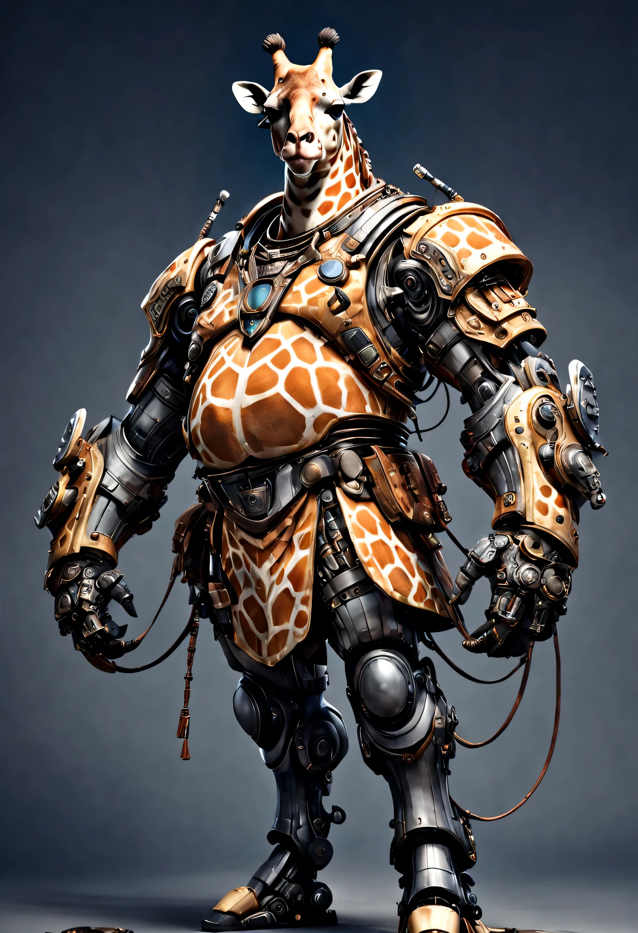 photorealistic portrait of Dressed animals - a ((fat)) giraffe warrior,(brave pose), high quality,(lovely) ,intricate detailed giant mechanical arms, highly detailed ((mechanical armor) ,,highly detailed decorations, , (brave), studio lighting,(full body image from head to toe:1.5)