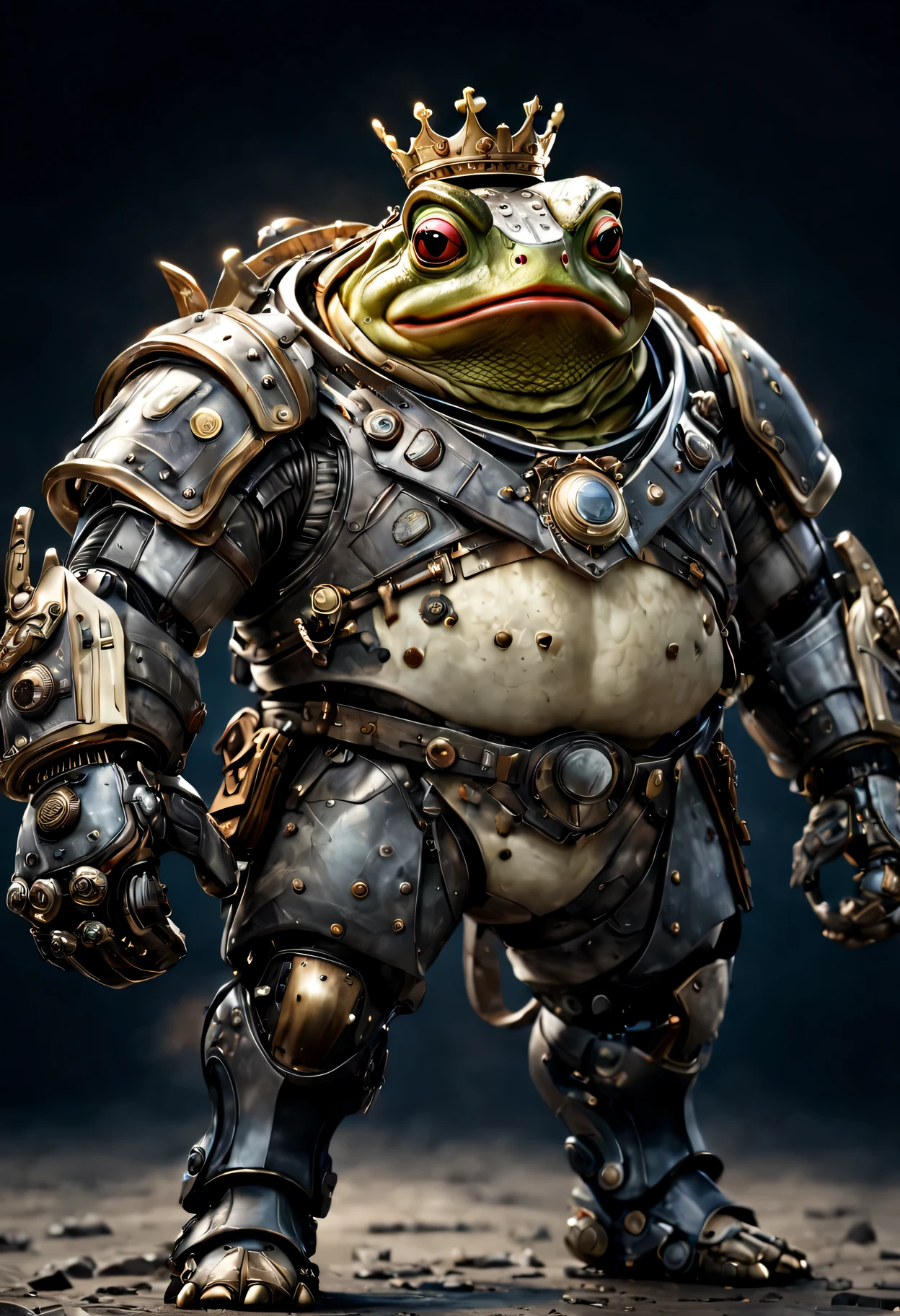 photorealistic portrait of Dressed animals - a ((fat)) toad warrior,(brave pose), high quality,(lovely) ,intricate detailed giant mechanical arms, highly detailed ((mechanical armor) ,,highly detailed decorations, , (brave), studio lighting,(full body image from head to toe:1.5)
