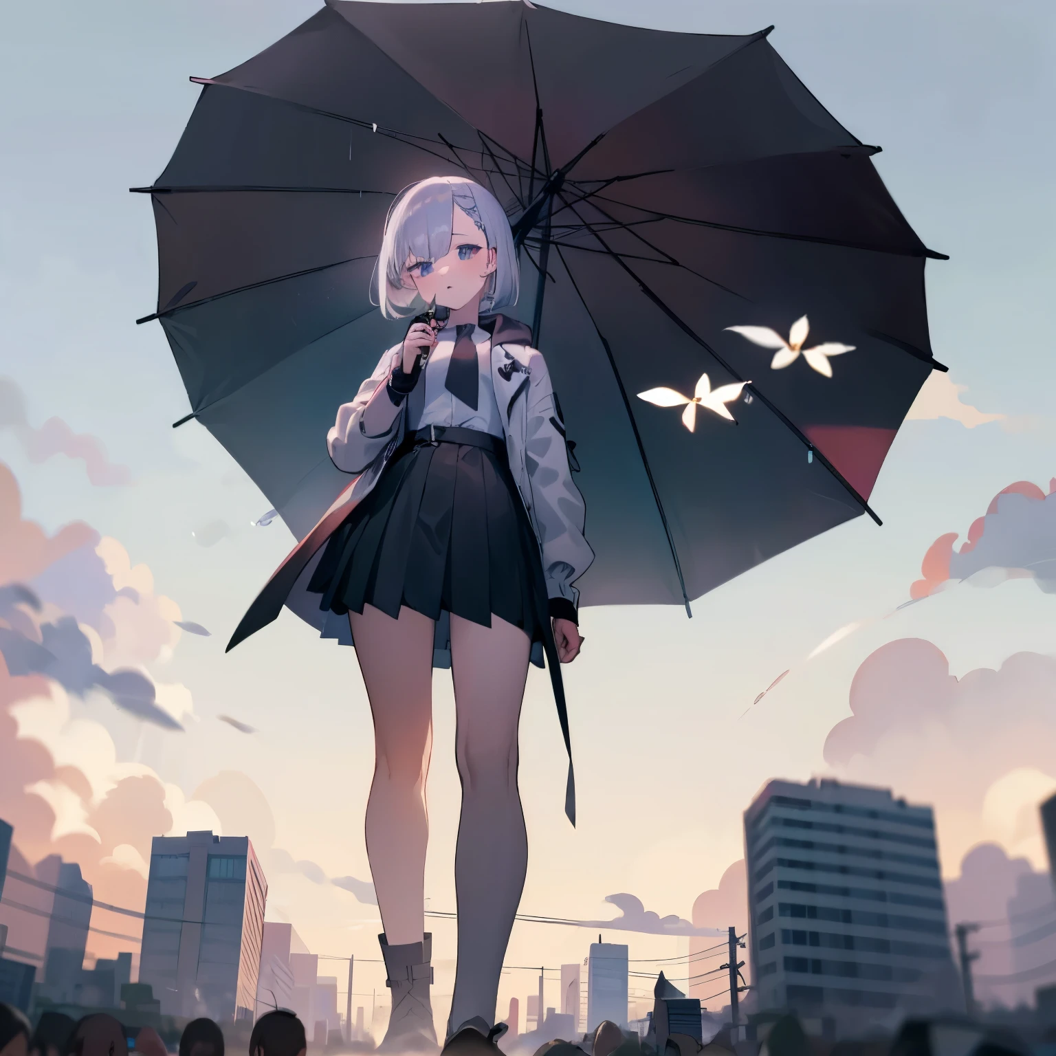 A girl with white bob hair is standing facing forward。wearing a black shirt and tie。high waisted leather skirt。wearing a white jacket with a hood。It's raining and it's wet。white flower field in the background。