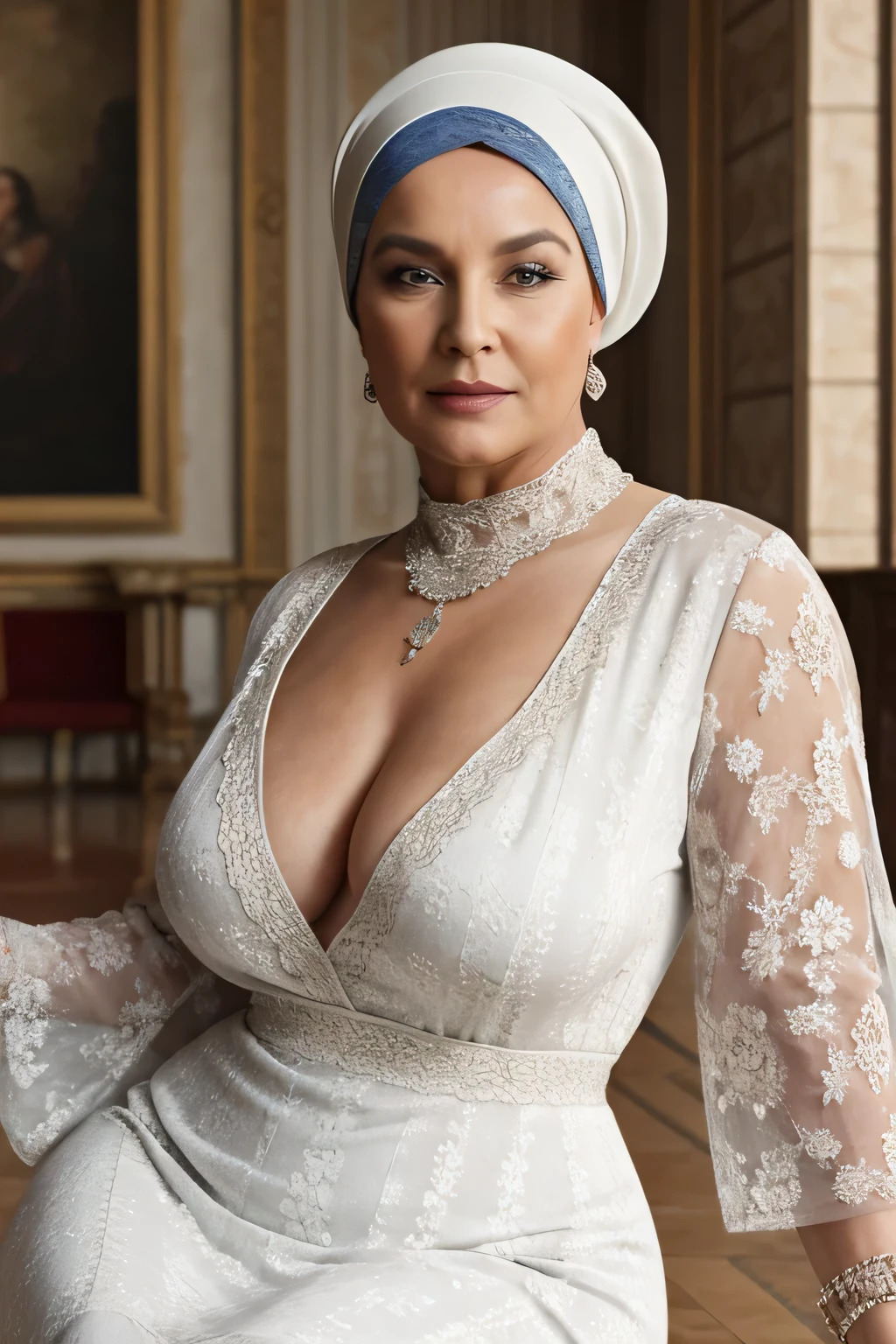 moda gorda, uma velhinha bonita, 70 anos, curvy body, (wearing a headscarf), usando um lindo vestido, Realista, Gordinho, intricado, hyper Realista, 8K, intricadoly detailed, cinematic, stunning Realista photography, rosto perfeitamente detalhado, altamente detalhado, vibrante, pele natural, Textura de pele real, octane rendering, cabelo branco, cara feliz, It is, (in a gorgeous palace), neckless, pulseiras, decote, maduro, retrato, It is