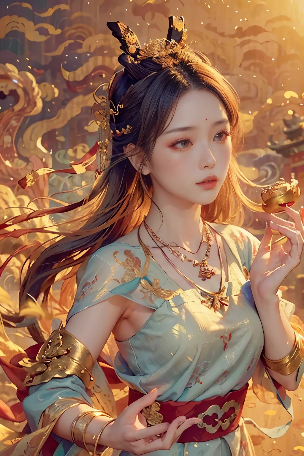 (1girl:1.0), solo, upper body, dynamic angle, long flowing Chinese hair, holding a ruby necklace, standing in front of a serene Chinese landscape, with a majestic Chinese dragon soaring above, bathed in perfect light, creating an ethereal and captivating atmosphere, the beauty of the scene accentuated by the intricate details and vibrant colors. (RAW photo, best quality), highly detailed, ultra-detailed illustration, Chinese style, delicate face, vibrant eyes, sophisticated dress, vibrant colors, beautiful foliage, dynamic pose, refined beauty, intricate dragon design, realistic fabric textures, perfect lighting, captivating Chinese landscape, stunning visual