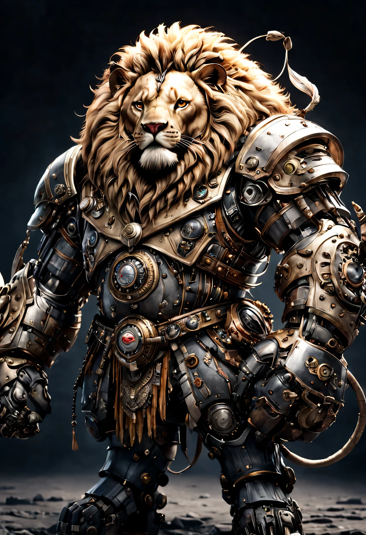 photorealistic portrait of Dressed animals - a ((fat)) lion warrior,(brave pose), high quality,(lovely) ,intricate detailed giant mechanical arms, highly detailed ((mechanical armor) ,,highly detailed decorations, , (brave), studio lighting,(full body image from head to toe:1.5)
