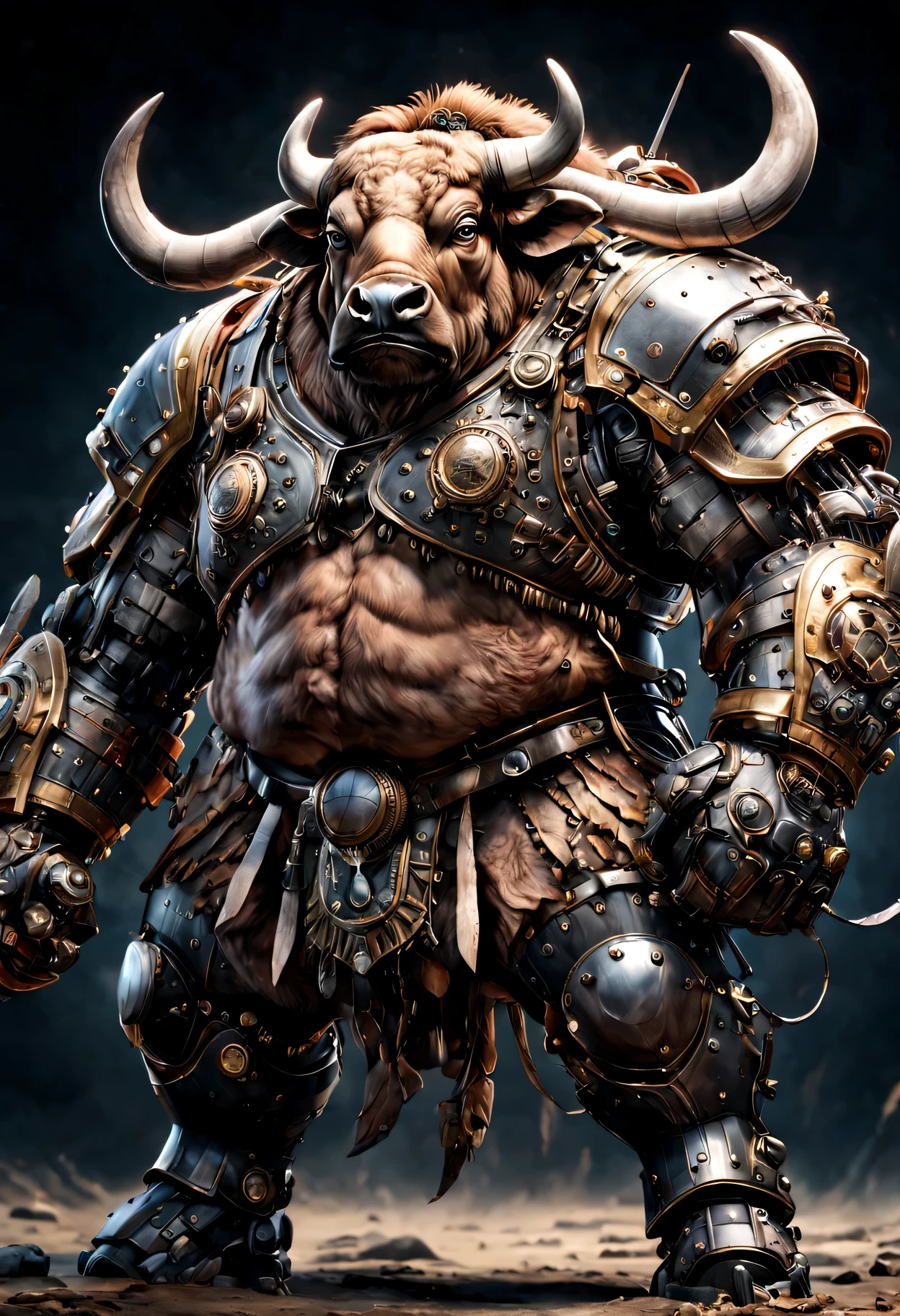 photorealistic portrait of Dressed animals - a ((fat)) buffalo warrior,(brave pose), high quality,(lovely) ,intricate detailed giant mechanical arms, highly detailed ((mechanical armor) ,,highly detailed decorations, , (brave), studio lighting,(full body image from head to toe:1.5)
