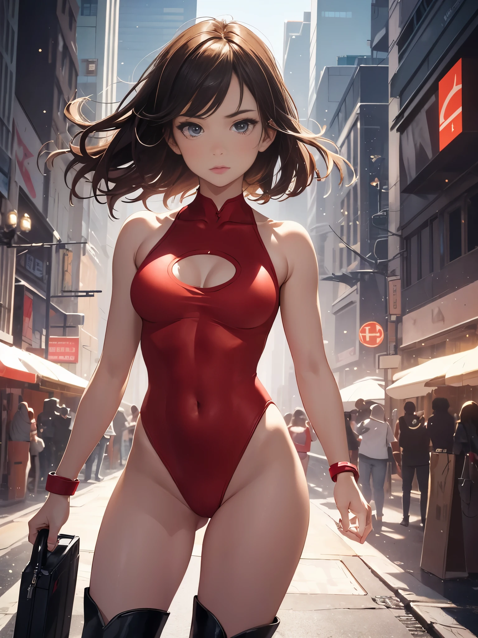 masterpiece, best quality, 1girl, medium breasts, leotard, red leotard with white accents, sleeveless, midriff, bare legs, boots, matching boots, bracelets, city backdrop, solo, single, standing, full body shot, cowboy shot, beautiful detailed eyes, medium hair, superhero, glow, powering up, light particles
