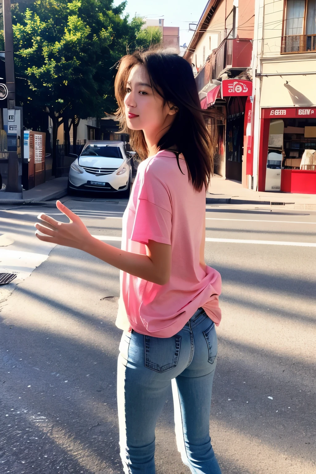 A vision flow of a beautiful woman walking down a street, her pink t-shirt and faded blue jeans illuminated by the sun, a red car passing in the background, and a world of shimmering light.  