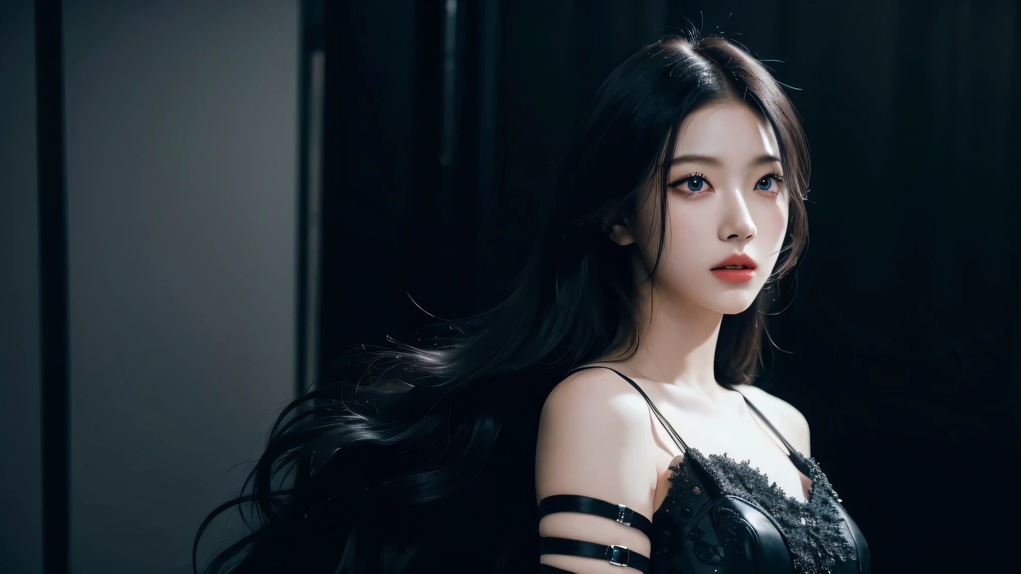(best quality, highres:1.2), realistic, black dress, black hair, black eyes, dark theme, black background, intense gaze, elegant posture, flowing dress, detailed facial features, long eyelashes, pale skin, contrast, fine details, dramatic atmosphere, gothic style, intense emotions, monochrome color palette, captivating setting, haunting beauty, artistic photography, everything is black, (detailed-eyes, detailed-face)