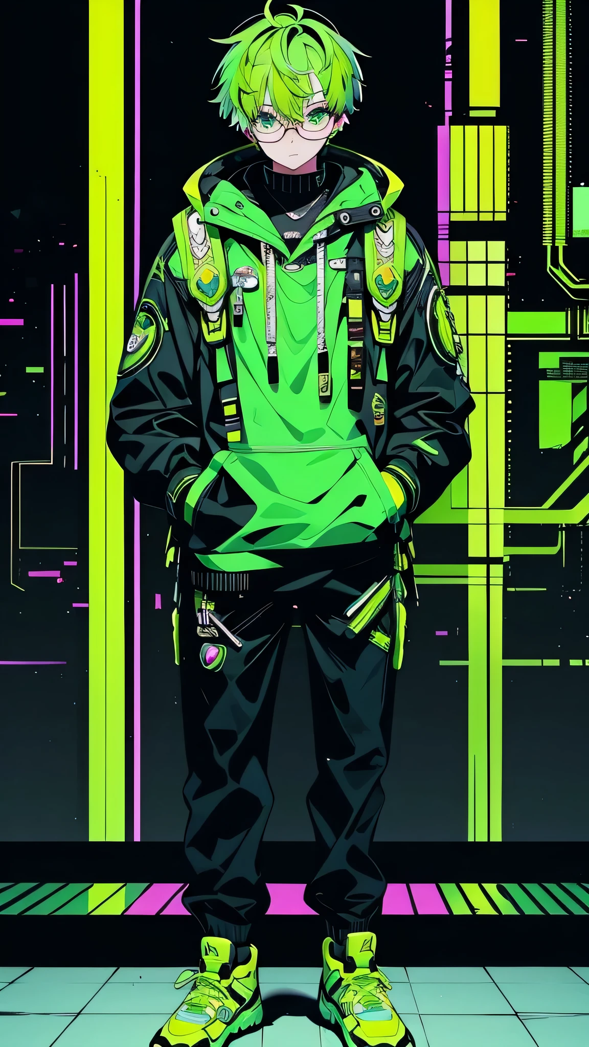 Glasses green hair short hair yellow food court put both hands in pockets 1 male cyber punk Backpack view audience full body shot