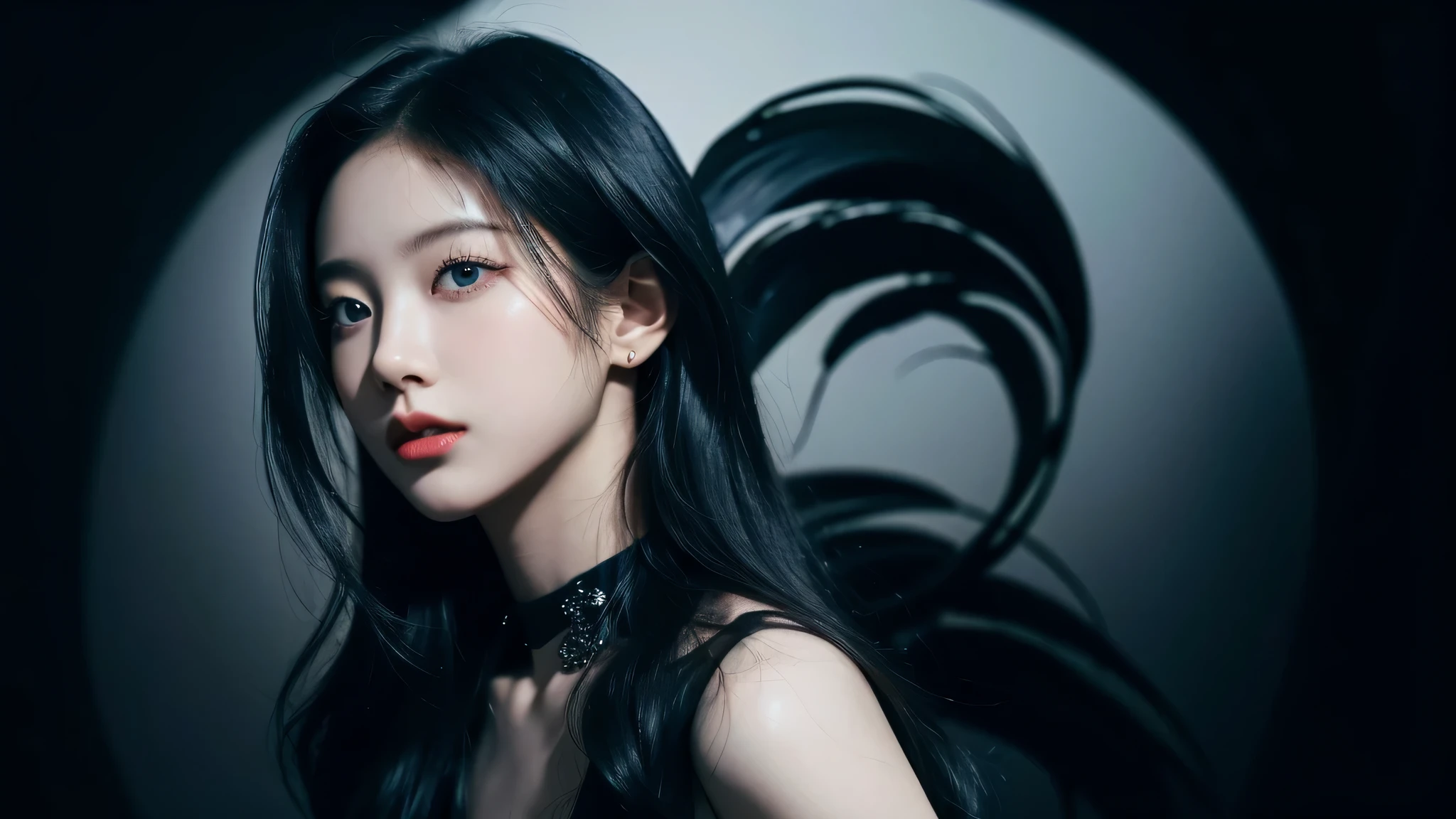 (best quality, highres:1.2), realistic, black dress, black hair, black eyes, dark theme, black background, intense gaze, elegant posture, flowing dress, detailed facial features, long eyelashes, pale skin, contrast, fine details, dramatic atmosphere, gothic style, intense emotions, monochrome color palette, captivating setting, haunting beauty, artistic photography, everything is black, (detailed-eyes, detailed-face)
