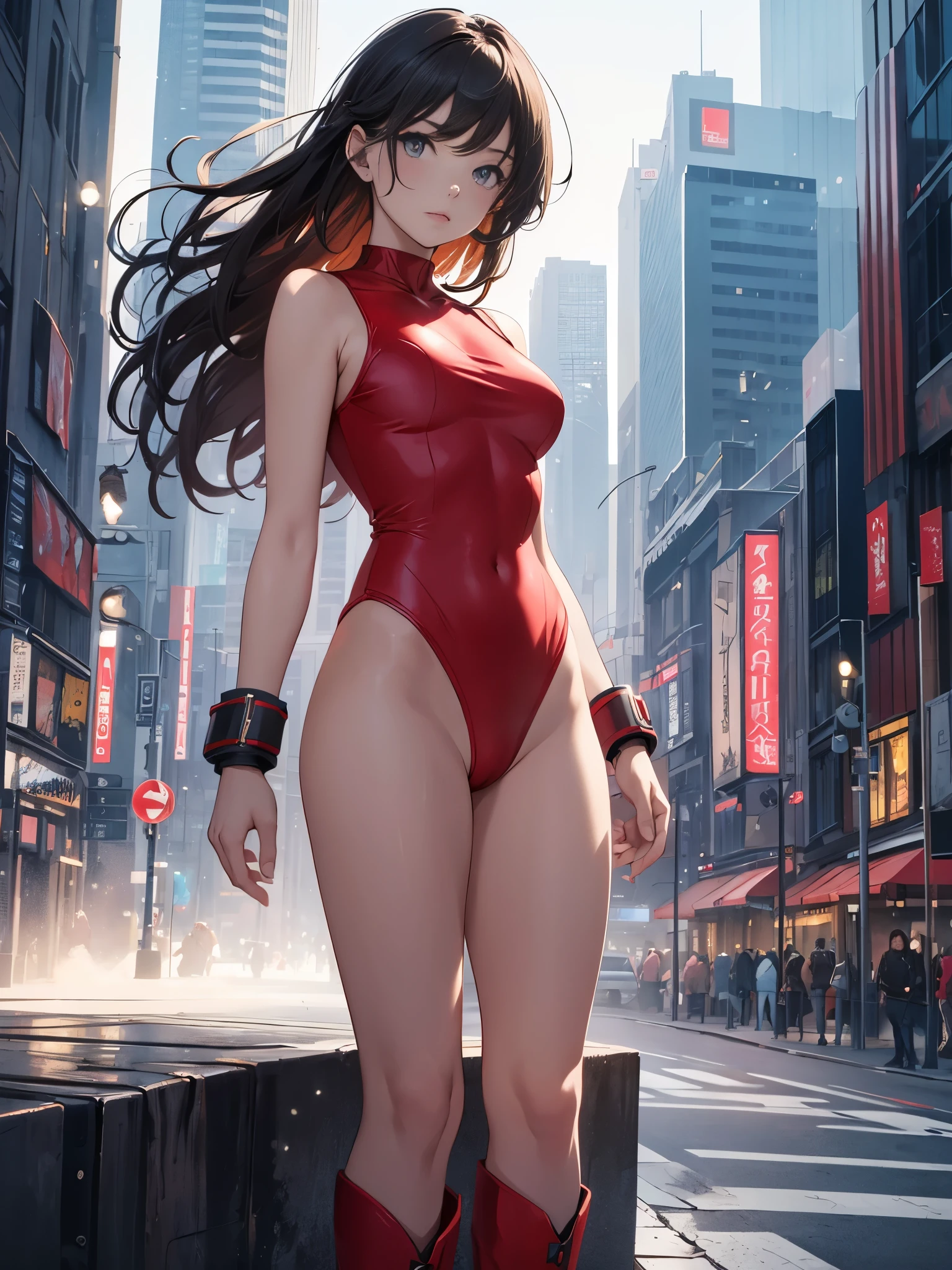 masterpiece, best quality, 1girl, medium breasts, leotard, red leotard with white accents, sleeveless, midriff, bare legs, boots, matching boots, bracelets, city backdrop, solo, single, standing, full body shot, cowboy shot, beautiful detailed eyes, medium hair, superhero, glow, powering up, light particles