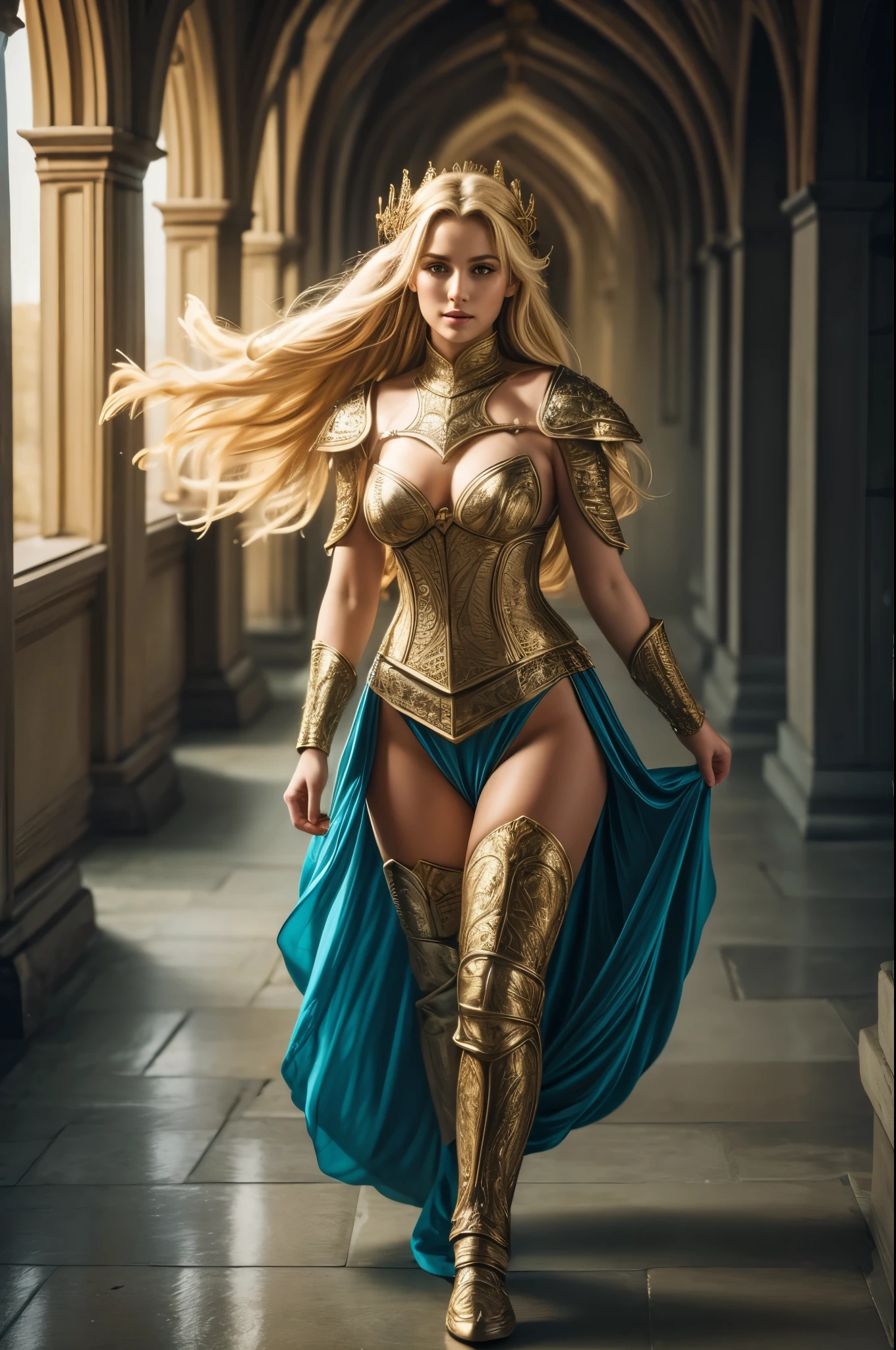 ((hyperrealistic, photorealistic, full body, 8k, intricate details, high angle)), a blonde elf knight, with long flowing hair, full lips, full breasts, thick thighs, female medieval armor, is walking down the corridor of a castle.