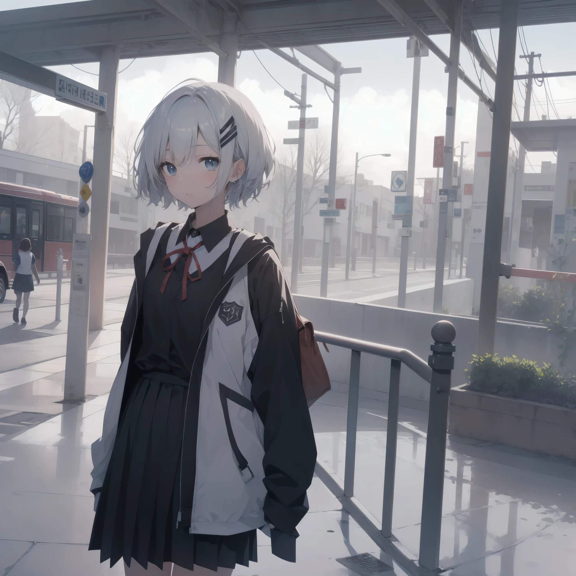 Super absurd quality by the god of art, super detailed, High resolution, anime moe art style, Best Anime 8K Kona-chan Wallpaper, pixiv contest winner, perfect ???????, break,(眠そうにalone学校へ行く女の子を描いてください. )break,1 girl, (alone,little woman, baby face, 13 years old:1.3),All limbs, full finger,, The charm of an immature body, (very_short hair), bangs, flat chest, Small Bodysuits, small ass, between legs, small black eyes, detailed and beautiful eyes, Well-proportioned iris and pupils, expressive eyes, sleepy eyes, High resolutionの詳細な髪, hair grip, neck ribbon, skirt, collared shirt, pleated skirt, school uniform, school bag,(detailed lighting), (detailed background), On the way to school. break,super dense skin, Best movie lighting by famous artists, 8k,cute illustration,photoshop_(Moderate),Absurd Hi-Res,Hmm,rough skin
