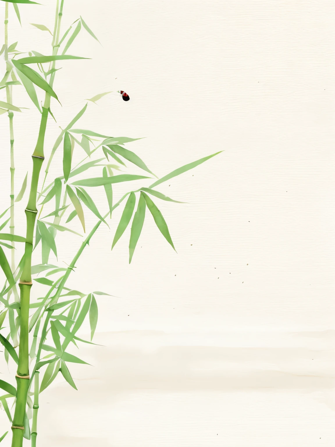 bamboo,A seven-star ladybug,Mostly left blank,Background accounts for two thirds,ink style,Chinese watercolor style,wallpaper art,Zen nature background,Beautiful proportions,solid color background,