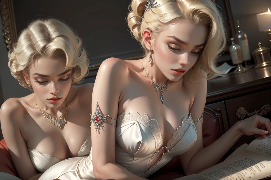 (Masterpiece - Ultra-Detailed, High Resolution) Prepare to be enchanted by a true masterpiece that combines ultra-detailed art with high-resolution rendering. This work shows a mesmerizing woman, with short, light blonde hair, 1950s style, Marilyn Monroe (1.3) and captivating dark brown eyes (1.2), New York illustration style, wearing red lipstick, emanating an aura of elegance and mystery. Wearing classic 1950s clothing. sexy. Intricate details and realistic textures invite you to explore every aspect of this enchanting composition. Transparent white dress. reading, writing, walking, backwards, lying down, standing, dynamic poses, mouth closed. Different posture. Very sexy, with chin resting on shoulder. Get ready to dive into a world where beauty and craftsmanship merge perfectly.
