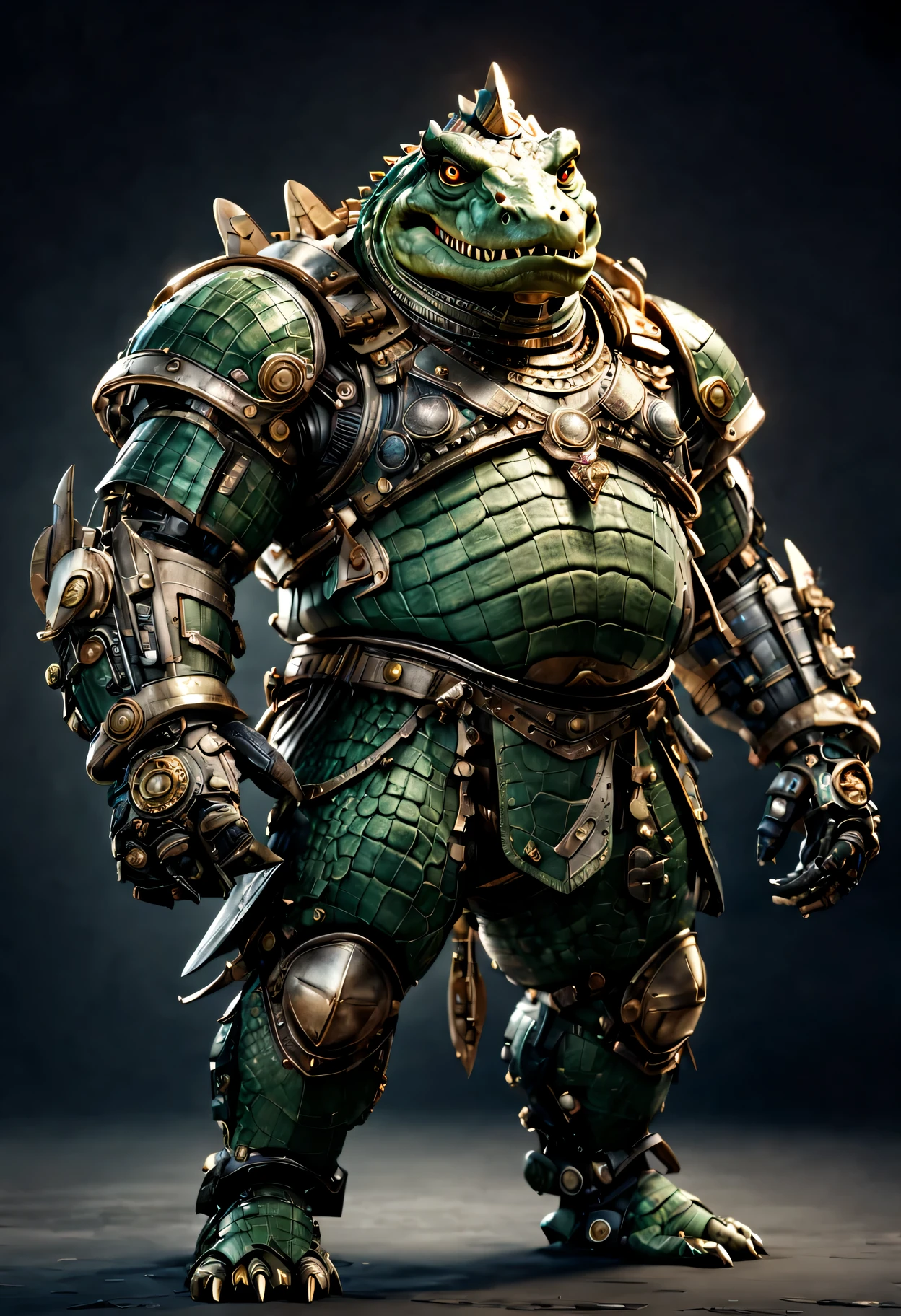 photorealistic portrait of Dressed animals - a ((fat)) crocodile warrior,(brave pose), high quality,(lovely) ,intricate detailed giant mechanical arms, highly detailed ((mechanical armor) ,,highly detailed decorations, , (brave), studio lighting,(full body image from head to toe:1.5)
