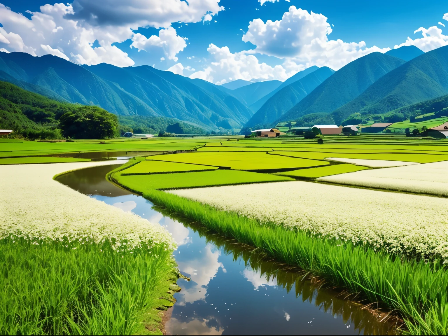 landscape,paddy,creek,mountains,Blue sky and white clouds,country road,high quality,4k,k HD--automatic rice flower,Beautiful,reality