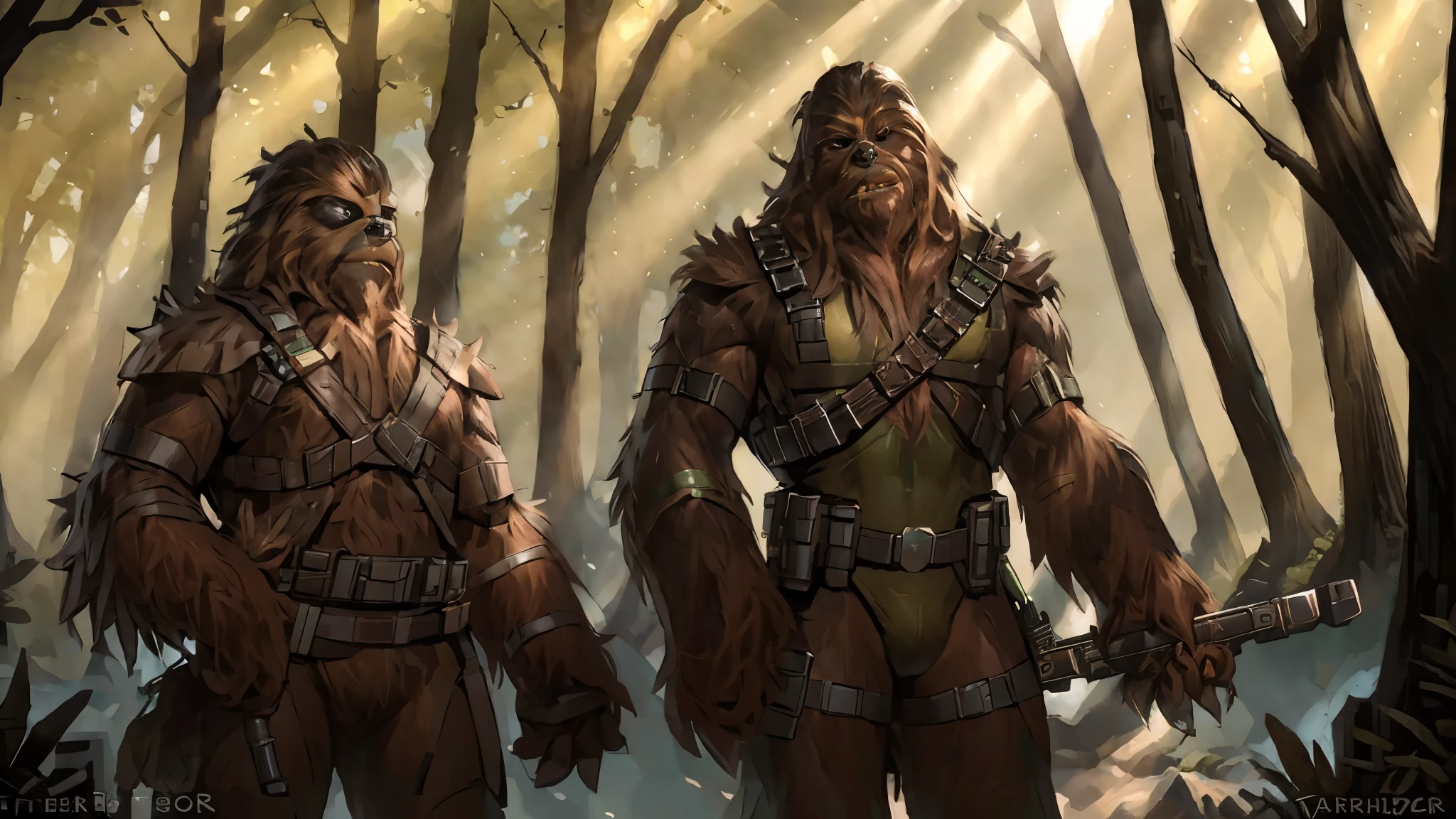 ((A tall male wookie wearing a green leotard with a utility belt)), thigh holster, bandoleer, leather straps, tactical, leather gloves, Star Wars blaster, gun, strong, shoulder pads, 4K, Detailed Background, forest, bright sunlight, detailed eyes, narrow eyes, realistic eyes, serious eyes, by Taran Fiddler