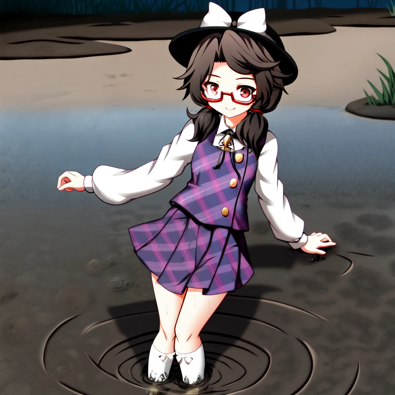 1girl,usami sumireko, fedora, plaid vest, low twintails, black hair, short har, red-rimmed glasses, (white socks:1.3),partially submerged in mud,standing