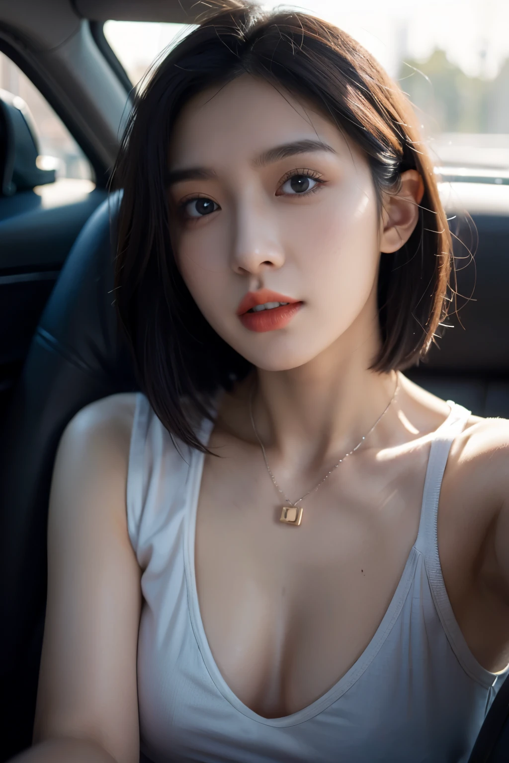 Selfie Phote, 8K, HDR, Top quality, Masterpiece, (Realistic: 1.2), 20-years-old mixed (dilraba dilmurat : 0.5)-(alexandra daddario : 0.5)-(japanese-korean) 1girl, purple shaded blue hair, messy short hair, Blue eyes, Upper body, Wearing an unbuttoned men's shirt, round glasses, necklace, inside the car. wet body, (shiny body:1.3). (tired and sleepy and satisfied:0.0), oval face, ((orange lips)), Detailed face, Beautiful eye, extremely detailed face, extremely detailed eyes, extremely detailed skin, extremely detailed nose, extremely detailed mouth, perfect anatomy. (perfect round small breast : 0.2), slight cleavage. Professional Photography, medium shot, Hyper Realism, volumetric lighting, ambient lighting, sunset, hot summer, hyperdetailed,