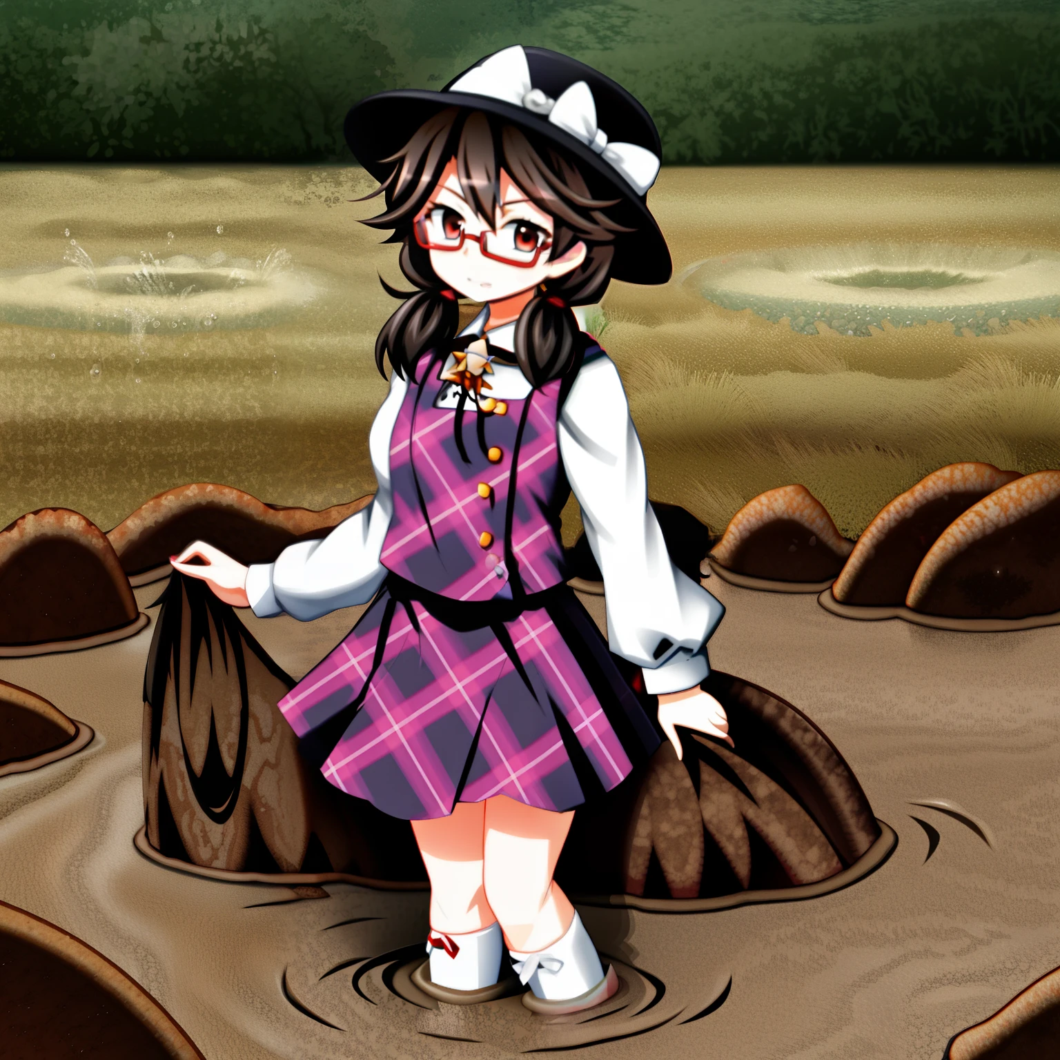 1girl,usami sumireko, fedora, plaid vest, low twintails, black hair, short har, red-rimmed glasses, (white socks:1.3),partially submerged in mud,standing
