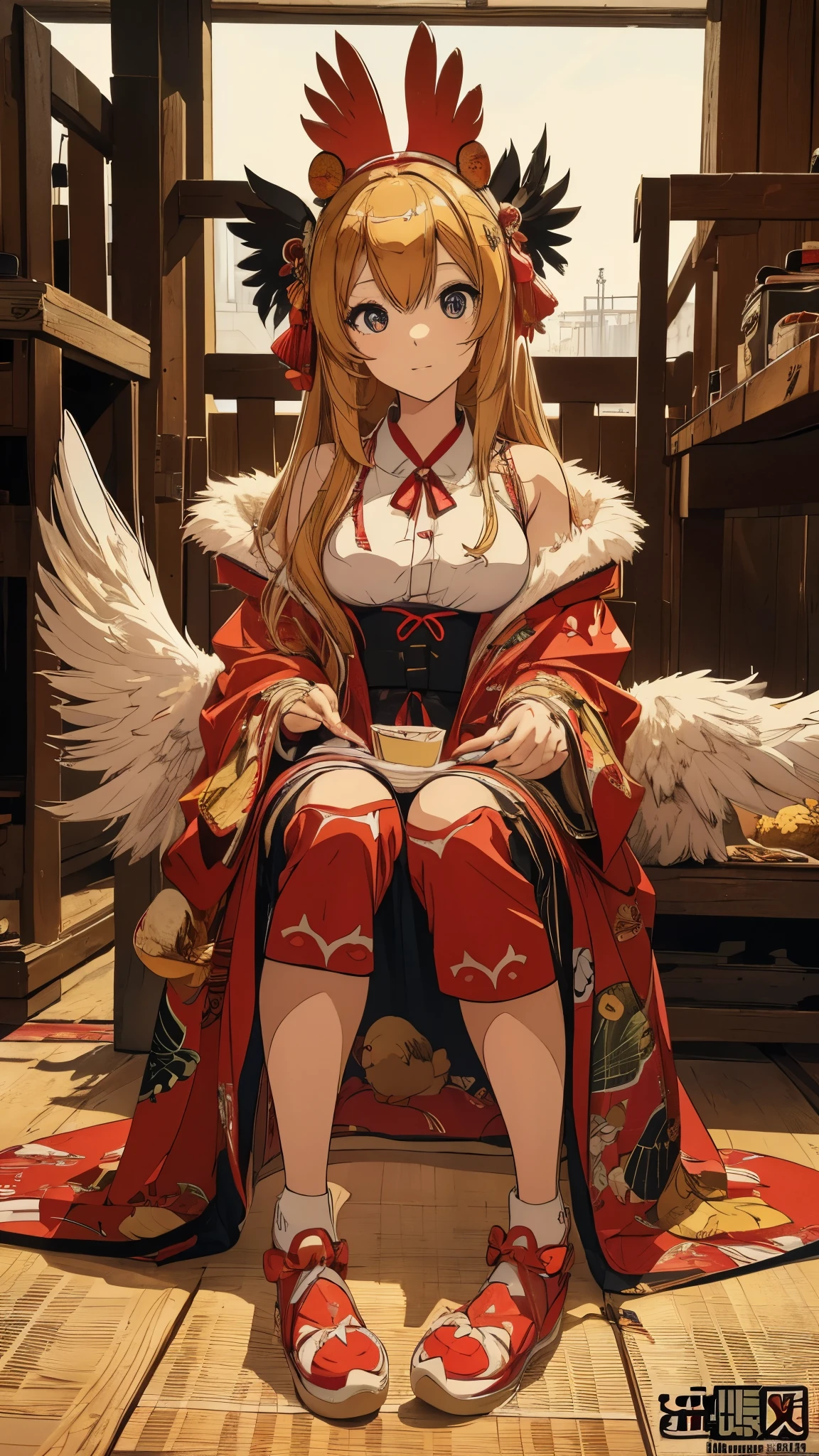 An anime depiction of a cute poster advertising chicken featuring a sexually girl pretending to be a chicken, she wears chicken themed underwear, she sits on her knees, very intricate chicken themed outfit, interesting composition, chicken coop aesthetics, chicken scratches, detailed face, realistic proportions, seductive anime girl, animecore, precise hyperrealism, realistic portrayal of light and shadow ,realistic human figures, sinuous lines, full scene, 32k uhd, graphic outlines, masterpiece manga cover illustration, loving atmosphere, japanese doll likeness, floor covered in feathers, chickens roam, pixiv