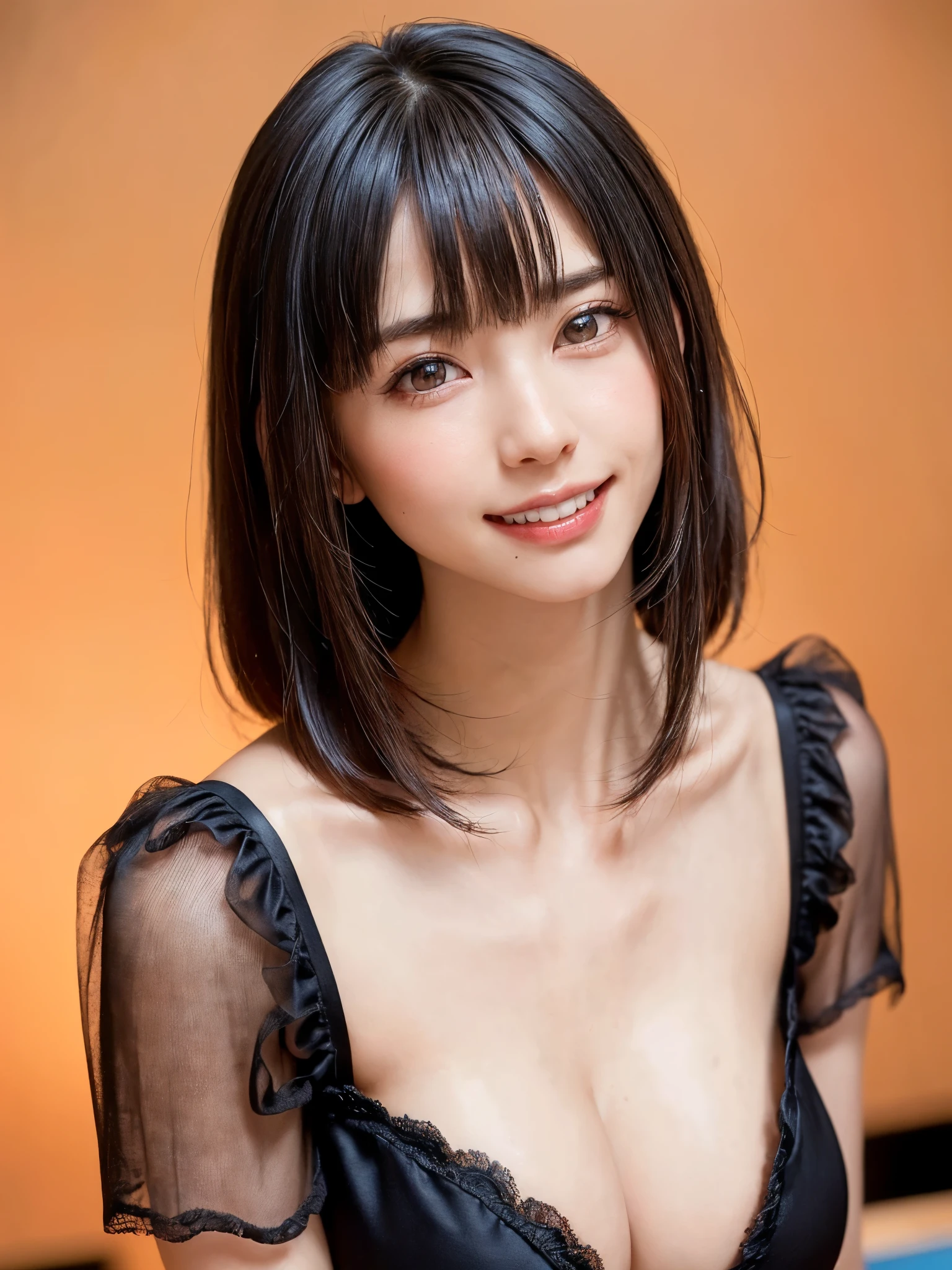 (table top, highest quality、ultra high resolution、face focus focus、focus on the sides、navel focus、decolletage focus、very attractive beauty、Adds intense highlights to the eyes、look closely at the camera:1.4、Absolutely beautiful bangs:1.4、Brunette short bob hair with bangs:1.4),1 girl, Report, black haired, realistic, looking at the viewer, pale black eyes, short hair, lips, lip gloss, Upper body、Big eyes、eyelash)、((italian natural background、hyper real stick:1.4))、((short hair with bangs:1.4、Beautiful bangs with 46 points:1.4、{Huge|big|Hugeな|mega} chest:2, cleavage:2、Big eyes、Give students very powerful highlights、very bigger chest、look at the audience、very beautiful beauty、show me your ears、beautiful long neck、beautiful decollete、smile、A smilee beautiful teeth、Open your mouth and smilee))、28 years old、very cute super model、perfect anatomy