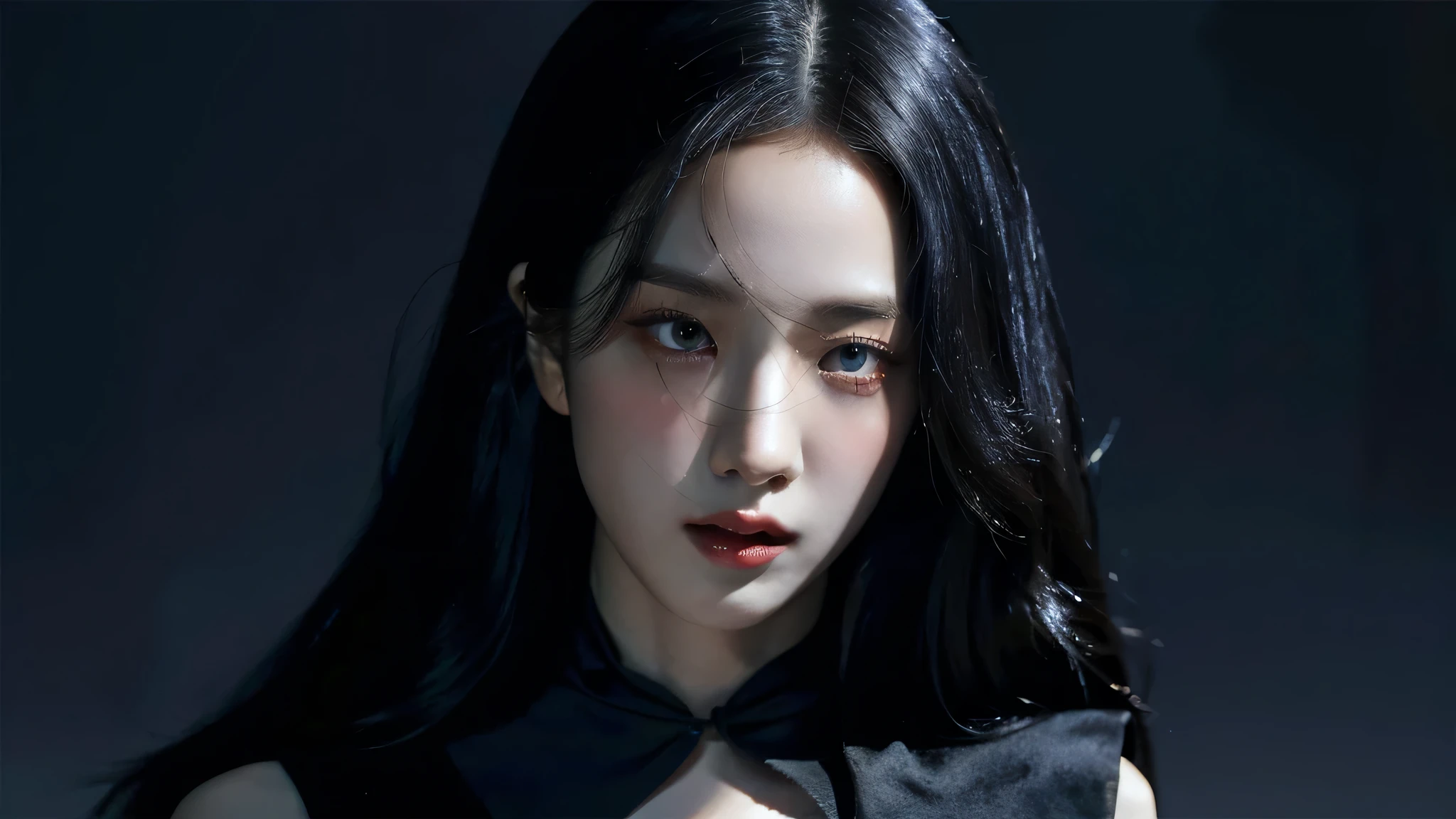 (best quality, highres:1.2), realistic, black dress, black hair, black eyes, dark theme, black background, intense gaze, elegant posture, flowing dress, detailed facial features, long eyelashes, pale skin, contrast, fine details, dramatic atmosphere, gothic style, intense emotions, monochrome color palette, captivating setting, haunting beauty, artistic photography, everything is black, (detailed-eyes, detailed-face)
