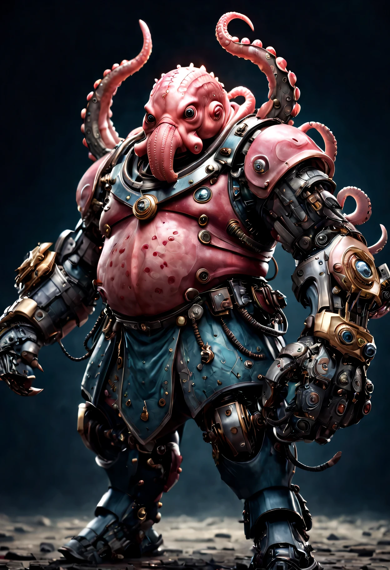 photorealistic portrait of Dressed animals - a ((fat)) octopus warrior,(brave pose), high quality,(lovely) ,intricate detailed giant mechanical arms, highly detailed ((mechanical armor) ,,highly detailed decorations, , (brave), studio lighting,(full body image from head to toe:1.5)
