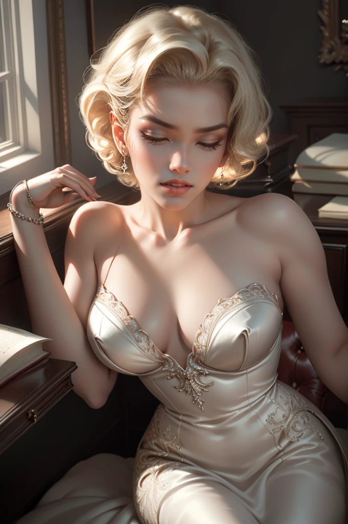 (Masterpiece - Ultra-Detailed, High Resolution) Prepare to be enchanted by a true masterpiece that combines ultra-detailed art with high-resolution rendering. This work shows a mesmerizing woman, with short, light blonde hair, 1950s style, Marilyn Monroe (1.3) and captivating dark brown eyes (1.2), New York illustration style, wearing red lipstick, emanating an aura of elegance and mystery. Wearing classic 1950s clothing. sexy. Intricate details and realistic textures invite you to explore every aspect of this enchanting composition. Transparent white dress. reading, writing, walking, backwards, lying down, standing, dynamic poses, mouth closed. Different posture. Very sexy, with chin resting on shoulder. Get ready to dive into a world where beauty and craftsmanship merge perfectly.