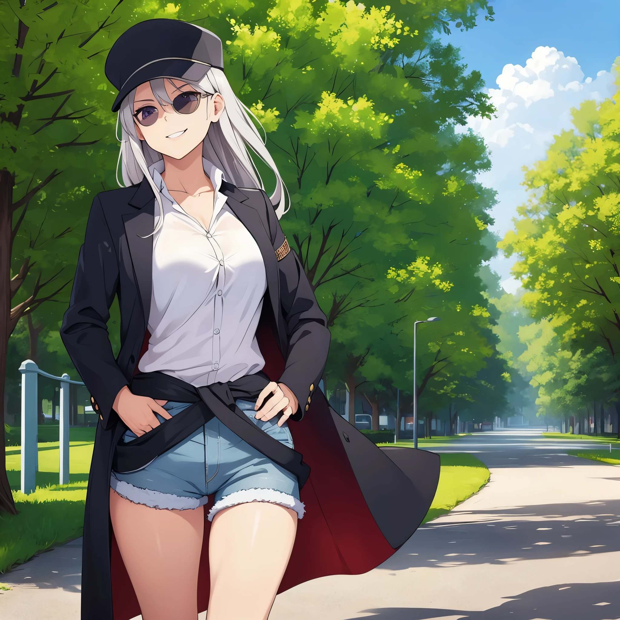 a woman wearing a white shirt, women's short denim shorts, coat tied around the waist, casual black hat, silver hair, purple eyes, wearing sunglasses in a park, smiling

