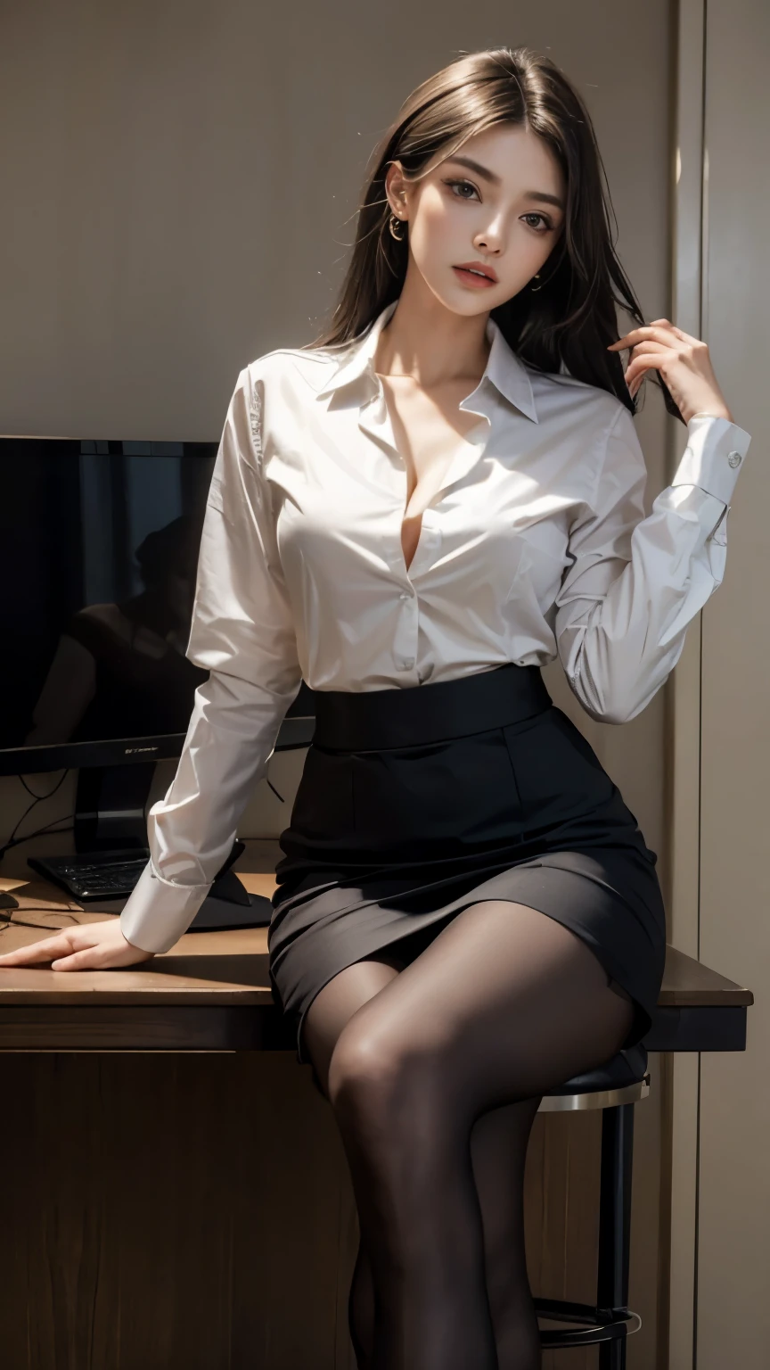 (Masterpiece), ((Best quality)), (Masterpiece,Best quality,offcial art,Extremely detailed Cg Unity 8K wallpaper), (the most Noble and beautiful), (Highly educated woman),Beauty photo, (30 years old woman andModerate abs),solo,(Elegant upper-class super elite secretary in a business shirt),Perfect look,Double eyelid eyes,Delicate makeup, working in an office,wearing a strict business suit, (Wear pantyhose),Wear high-end heels,Girl in shirt, dressed in a suit, huge tit,full bodyesbian,dressed in a suit, dressed in a suit, merchant, Business clothes, wearing black suits, Wear a shirt and skirt, Woman in a suit, Business attire,Computer chair,Seated,Erlang legs,high-heels,view the viewer,brightly,Complicated details,foot focus,from below,cool beauty,(tall girl),Dark brown hair, Small piercings,Precisely expresses details such as face and skin texture,(the most beautiful face and eye), double eyelid,delicate skin,slender body shape,alone,medium breasts,(Visible to the viewer at the bottom:1.8), (Contemptuous gaze:1.5)