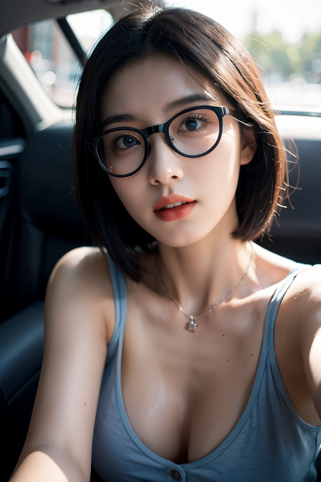 Selfie Phote, 8K, HDR, Top quality, Masterpiece, (Realistic: 1.2), 20-years-old mixed (dilraba dilmurat : 0.5)-(alexandra daddario : 0.5)-(japanese-korean) 1girl, purple shaded blue hair, messy short hair, Blue eyes, Upper body, Wearing an unbuttoned men's shirt, (round glasses), necklace, inside the car. wet body, (shiny body:1.3). (tired and sleepy and satisfied:0.0), oval face, ((orange lips)), Detailed face, Beautiful eye, extremely detailed face, extremely detailed eyes, extremely detailed skin, extremely detailed nose, extremely detailed mouth, perfect anatomy. (perfect round small breast : 0.2), slight cleavage. Professional Photography, medium shot, Hyper Realism, volumetric lighting, ambient lighting, sunset, hot summer, hyperdetailed,
