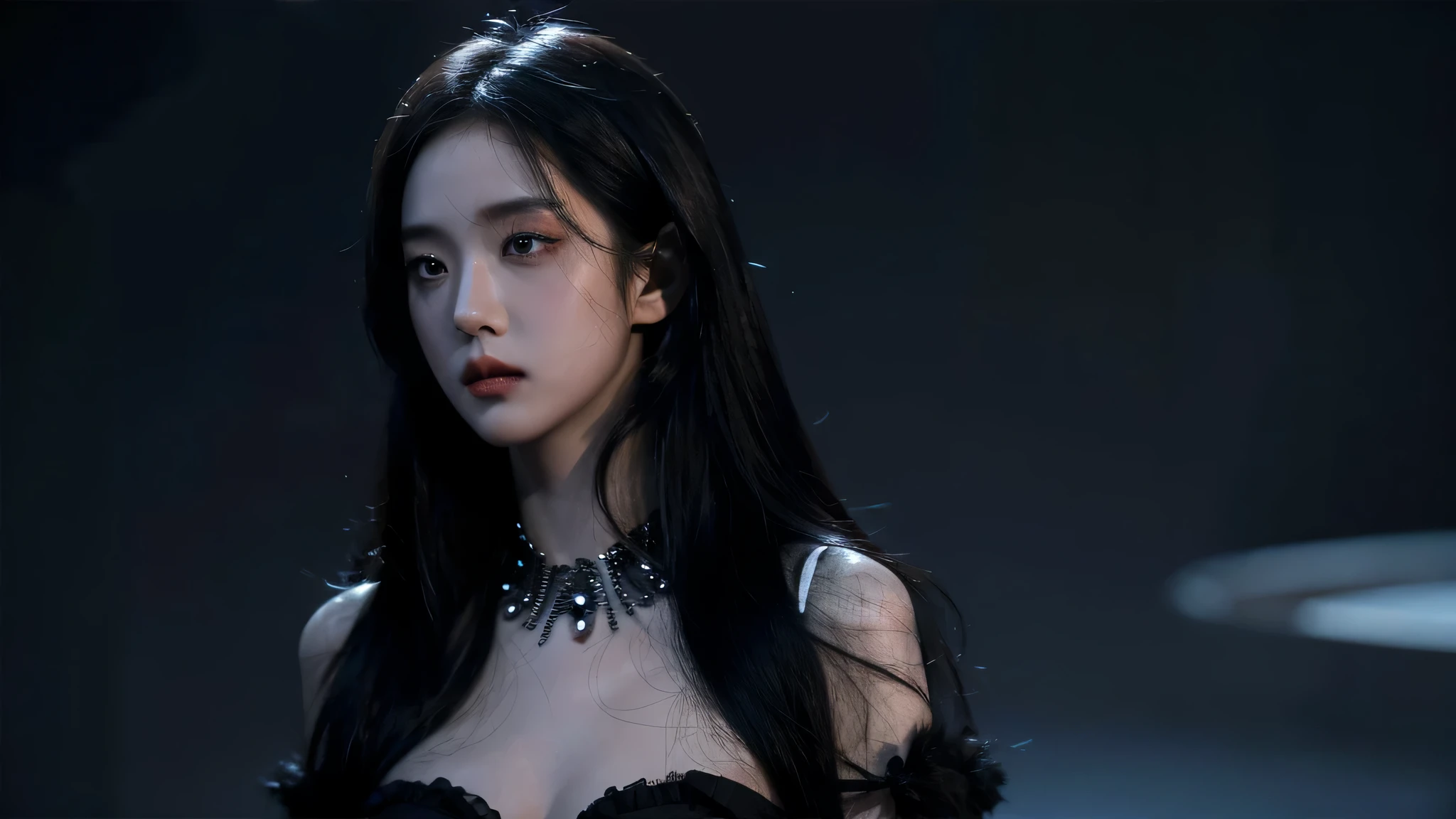 (best quality, highres:1.2), realistic, black dress, black hair, black eyes, dark theme, black background, intense gaze, elegant posture, flowing dress, detailed facial features, long eyelashes, pale skin, contrast, fine details, dramatic atmosphere, gothic style, intense emotions, monochrome color palette, captivating setting, haunting beauty, artistic photography, everything is black, (detailed-eyes, detailed-face)