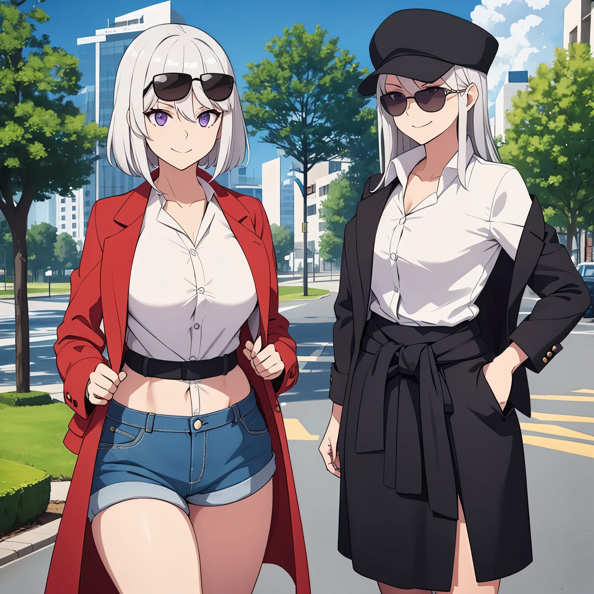 a woman wearing a white shirt, women's short denim shorts, coat tied around the waist, casual black hat, silver hair, purple eyes, wearing sunglasses in a park, smiling