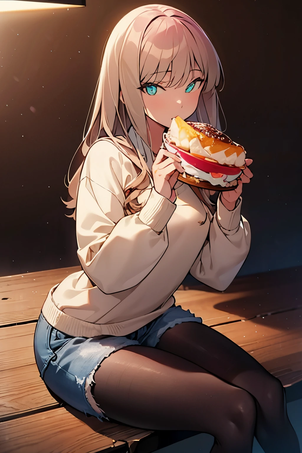 8k,highest quality,masterpiece,Southern dream bud,Southern dream bud sss dynazenon,brown hair,long hair,green eyes,short braided hair, white oversized sweater,shorts,White pantyhose,short boots,open terrace,restaurant,food is placed on the table,sitting in a chair,(masterpiece:1.2), highest quality, High resolution, unity 8k wallpaper, (shape:0.8), (beautiful and detailed eyes:1.6), highly detailed face, perfect lighting, Very detailed CG, (perfect hands, perfect anatomy),