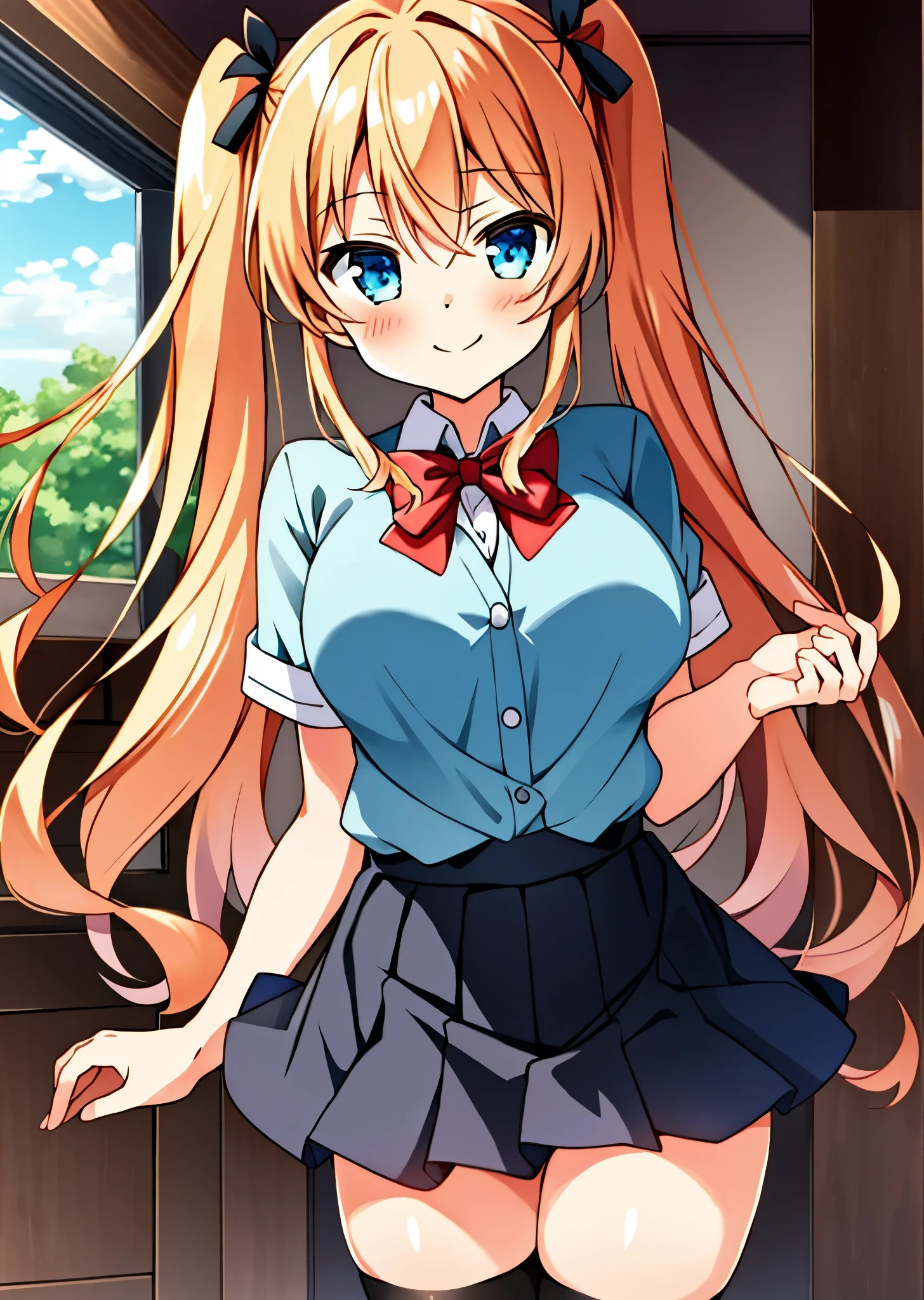 Manganato, Himegasaki Sakurako Wa Kyoumo Fubin Kawaii!, Sakurako Himegasaki is still pitiful today, by 
Yasuda Kousuke, masterpiece, best quality, manga, manga character, 1girl, solo, solo focus, black school uniform, pleated skirt, frilled panties, thighhighs, school shoes, big breasts, twintails, bows in hair, Himegasaki Sakurako, bright orange hair, blue eyes, 