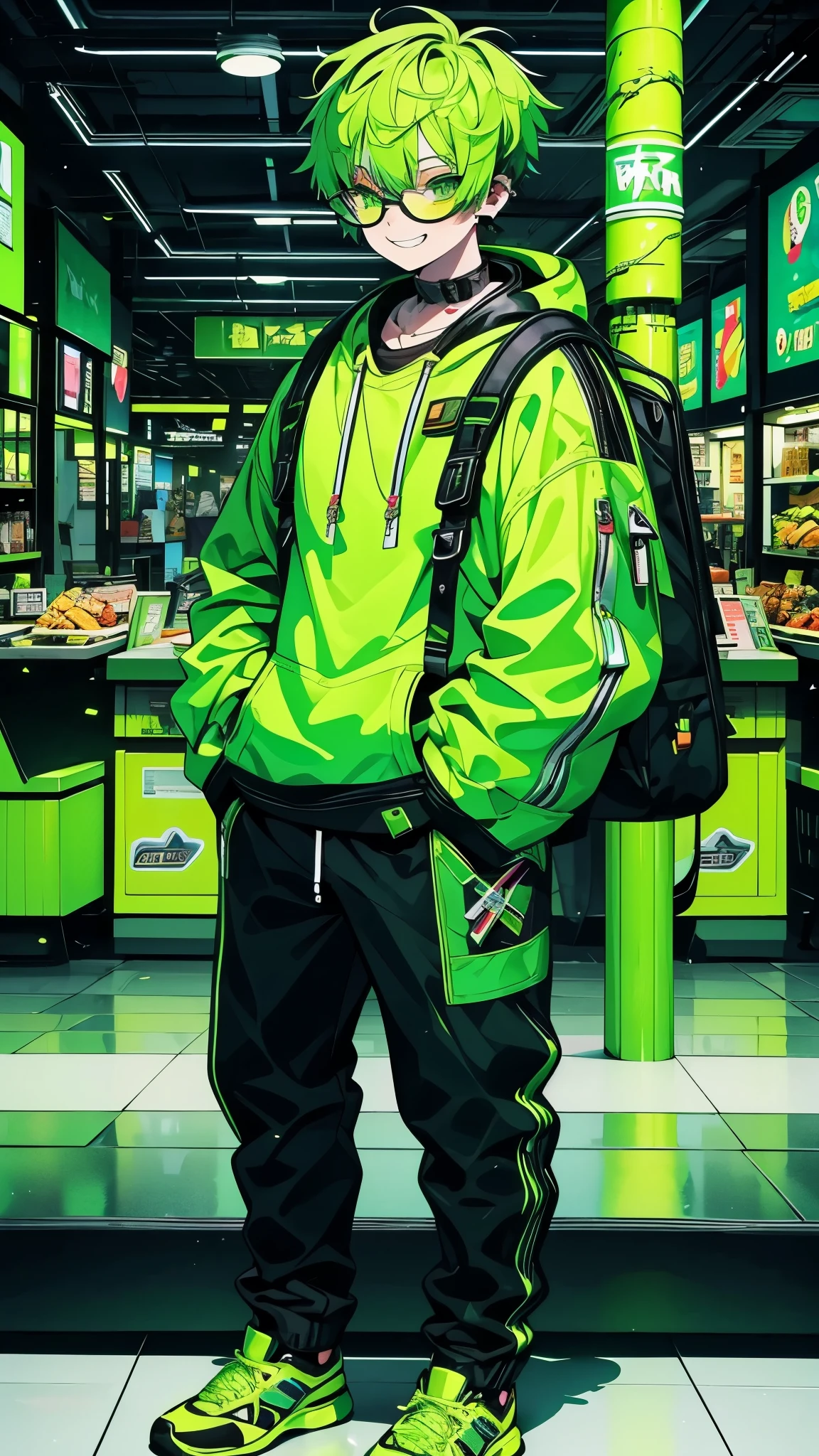 Glasses green hair short hair yellow food court put both hands in pockets 1 male cyber punk Backpack view audience full body shot Remove this from the side and cast squat grinning face canine teeth smile hold a stick in one's mouth