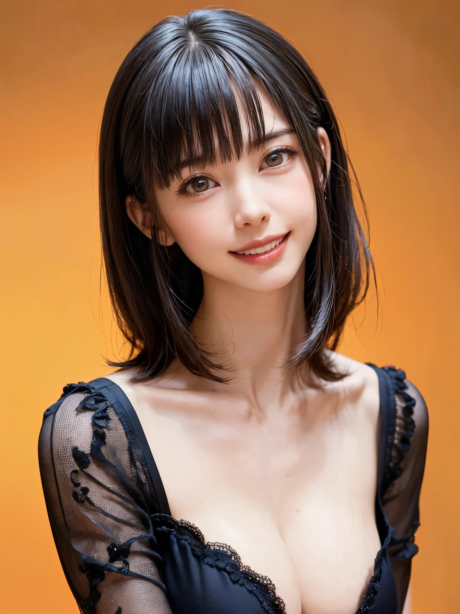 (table top, highest quality、ultra high resolution、face focus focus、focus on the sides、navel focus、decolletage focus、very attractive beauty、Adds intense highlights to the eyes、look closely at the camera:1.4、Absolutely beautiful bangs:1.4、Brunette short bob hair with bangs:1.4),1 girl, Report, black haired, realistic, looking at the viewer, pale black eyes, short hair, lips, lip gloss, Upper body、Big eyes、eyelash)、((italian natural background、hyper real stick:1.4))、((short hair with bangs:1.4、Beautiful bangs with 46 points:1.4、{Huge|big|Hugeな|mega} chest:2, cleavage:2、Big eyes、Give students very powerful highlights、very bigger chest、look at the audience、very beautiful beauty、show me your ears、beautiful long neck、beautiful decollete、smile、A smilee beautiful teeth、Open your mouth and smilee))、28 years old、very cute super model、perfect anatomy