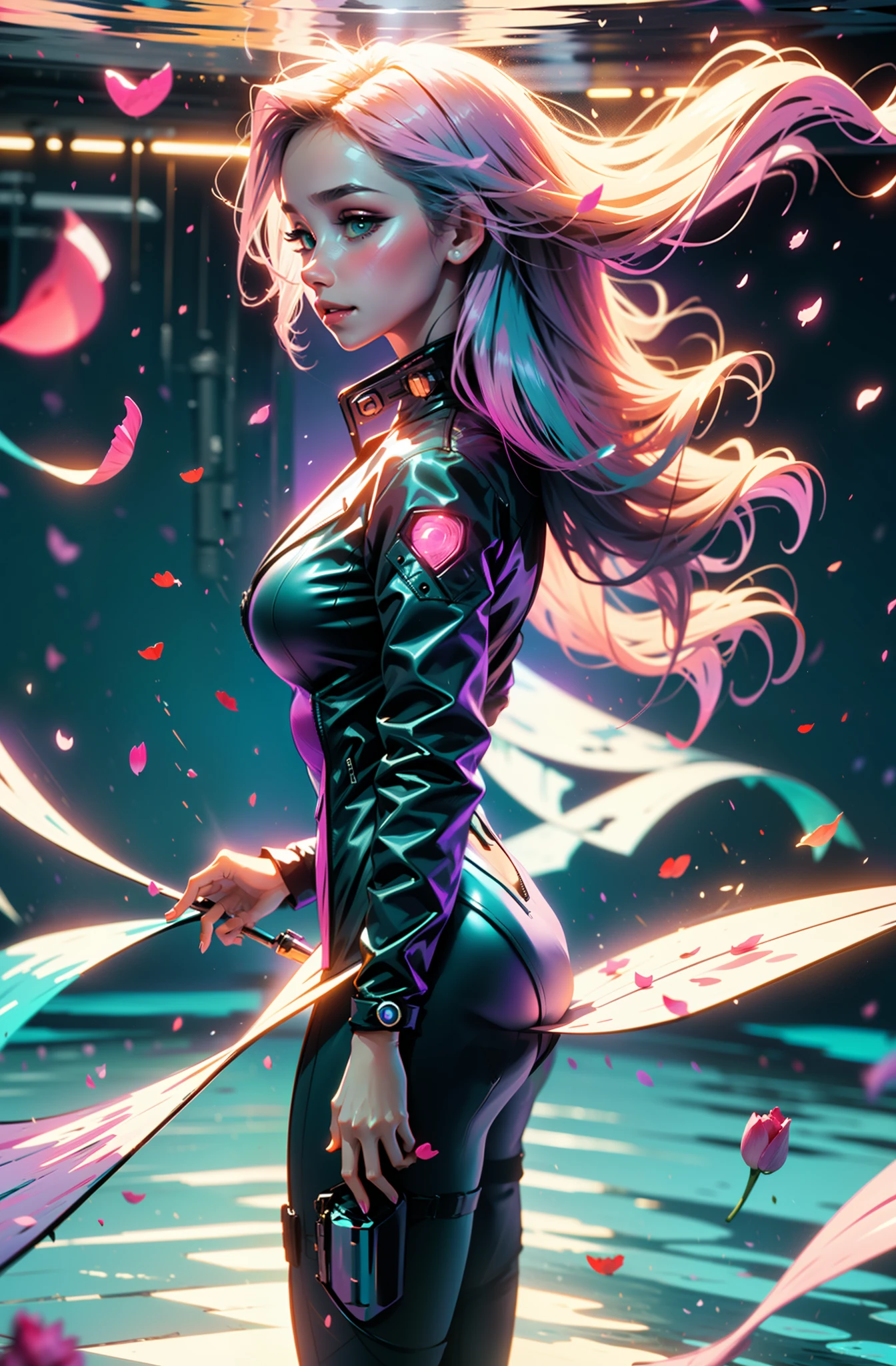 cyberpunk female woman wearing (turquoise Jacket with chromatic accents:1.1), sleek pink and White full bodysuit, side view turning to face camera, (Petal Blush, Lagoon Blue color background:1.3), amazing smile, looking at camera, golden hour