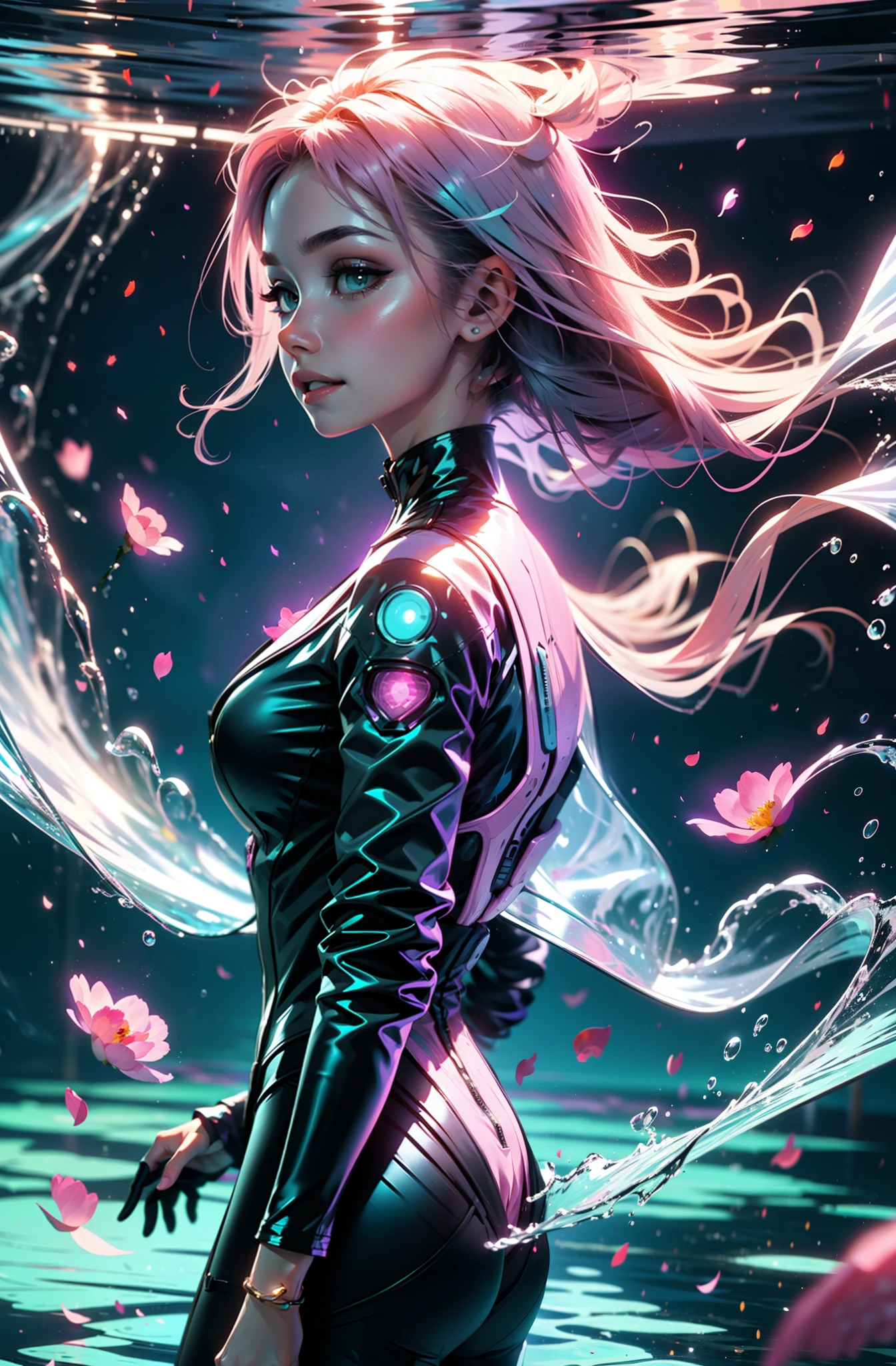 cyberpunk female woman wearing (turquoise Jacket with chromatic accents:1.1), sleek pink and White full bodysuit, side view turning to face camera, (Petal Blush, Lagoon Blue color background:1.3), amazing smile, looking at camera, golden hour