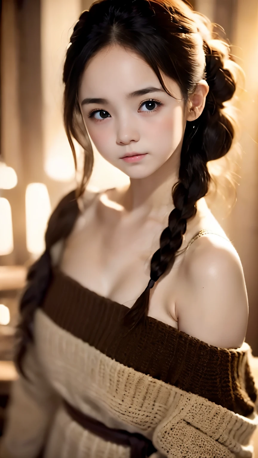 adorable, Pure,18-year-old,   , flat chest,   in Japan,  (off_shoulder sweater, bare shoulders), baby hair, hair scrunchie, french braid,  (Suggestive:1.2),   (smile:0.2), (highest quality:1.0), (超A high resolution:1.0) ,(photo-realistic:1), (super detailed:1.0), (8K RAW写真:1.1),