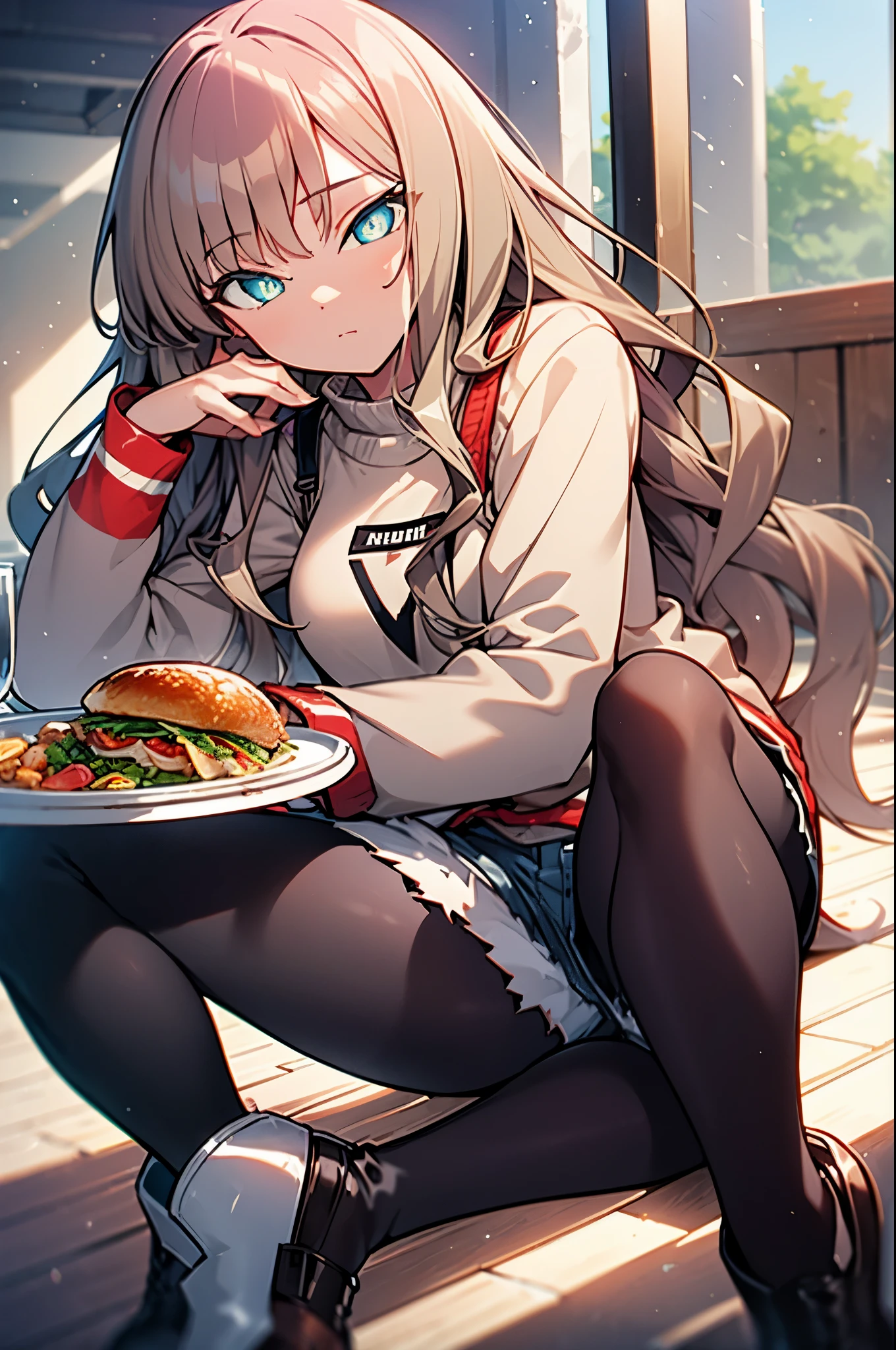 8k,highest quality,masterpiece,Southern dream bud,Southern dream bud sss dynazenon,brown hair,long hair,green eyes,short braided hair, white oversized sweater,shorts,White pantyhose,short boots,open terrace,restaurant,food is placed on the table,sitting in a chair,(masterpiece:1.2), highest quality, High resolution, unity 8k wallpaper, (shape:0.8), (beautiful and detailed eyes:1.6), highly detailed face, perfect lighting, Very detailed CG, (perfect hands, perfect anatomy),