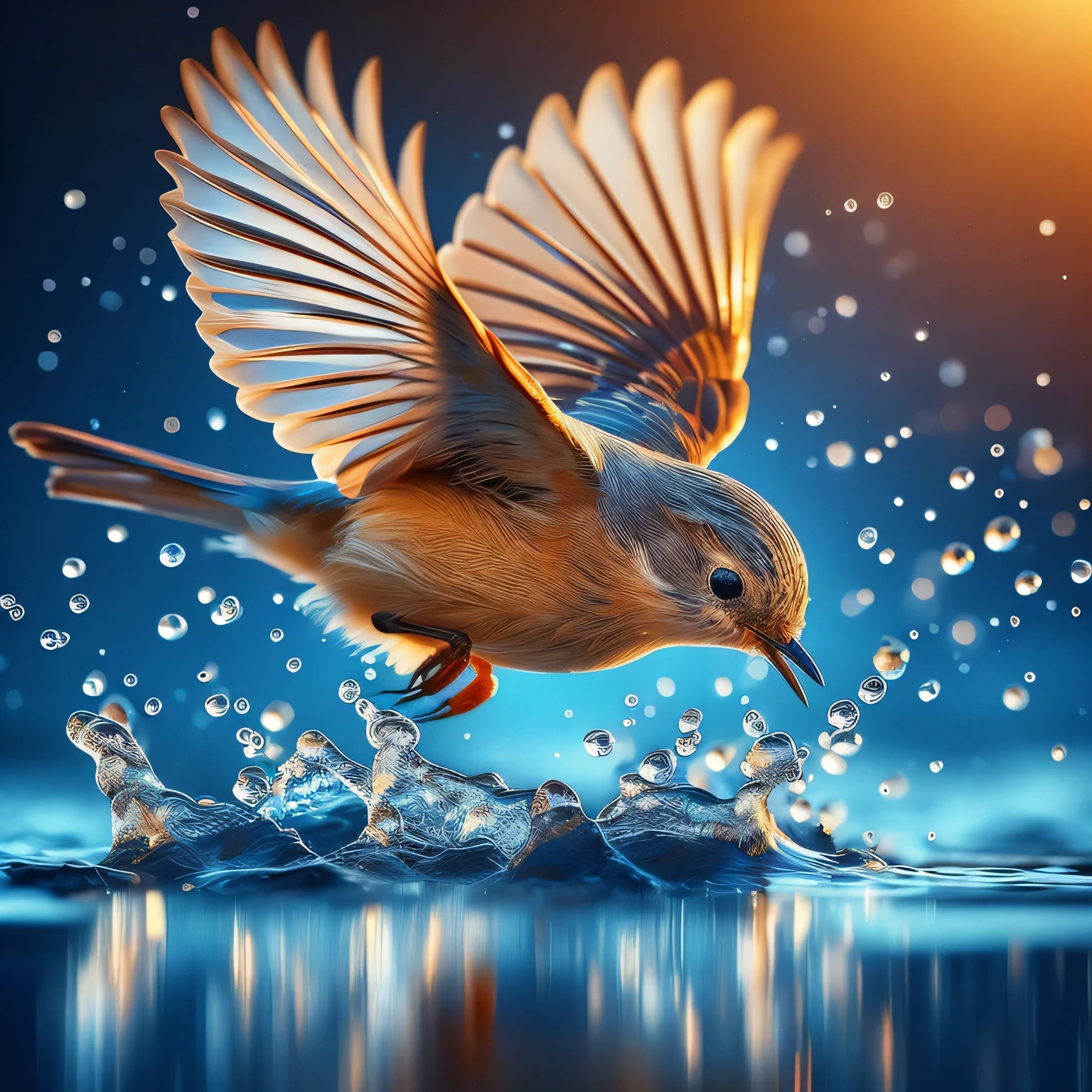 Very realistic macro photo of small birds flying to catch fish on the surface of the water. you can see the water gurgling. Blue water lake background with bokeh effect. Intricate detail, smooth surfaces, high level of texture, precise light reflection and refraction in feathers, HDR photography, cinematic volumetric lighting, high definition, high saturation, soft shadows, 8k resolution. Shallow depth of field, 200mm f/1.1 lens. The Bloom effect gives a mystical impression t
